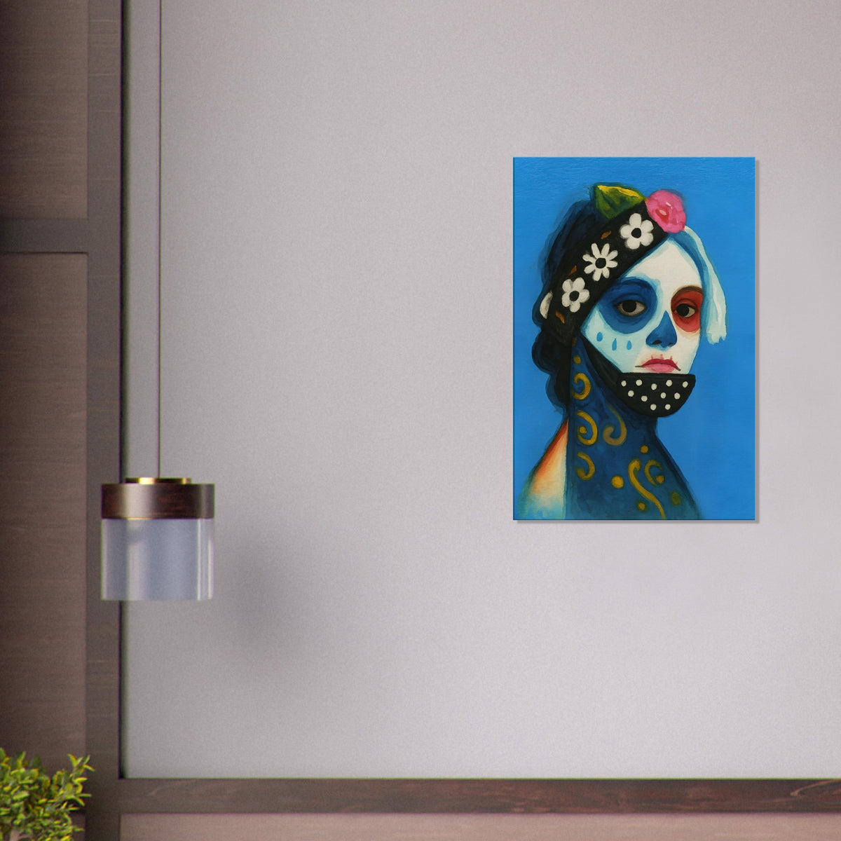 Day of the Dead Watercolor Canvas, Día de los Muertos Masked Woman Wall Art, Mexican Folk Art A3 Print, Skeleton Face Painting Slim Canvas