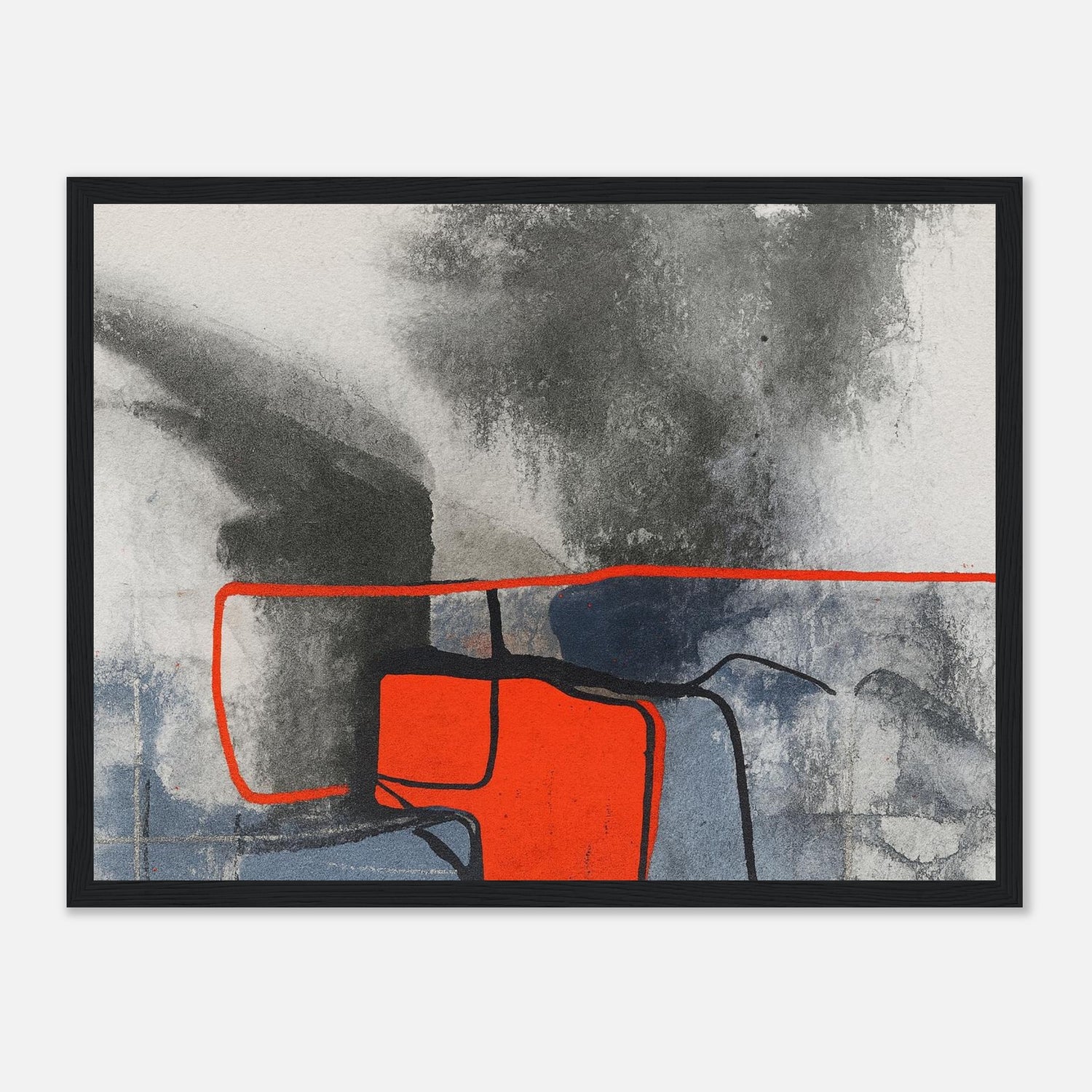 Urban Ember – Abstract Expressionist Print with Red Accents, Modern Art Poster, Moody Watercolor - Matte Wooden Framed 30x40 cm 12x16″ Black frame