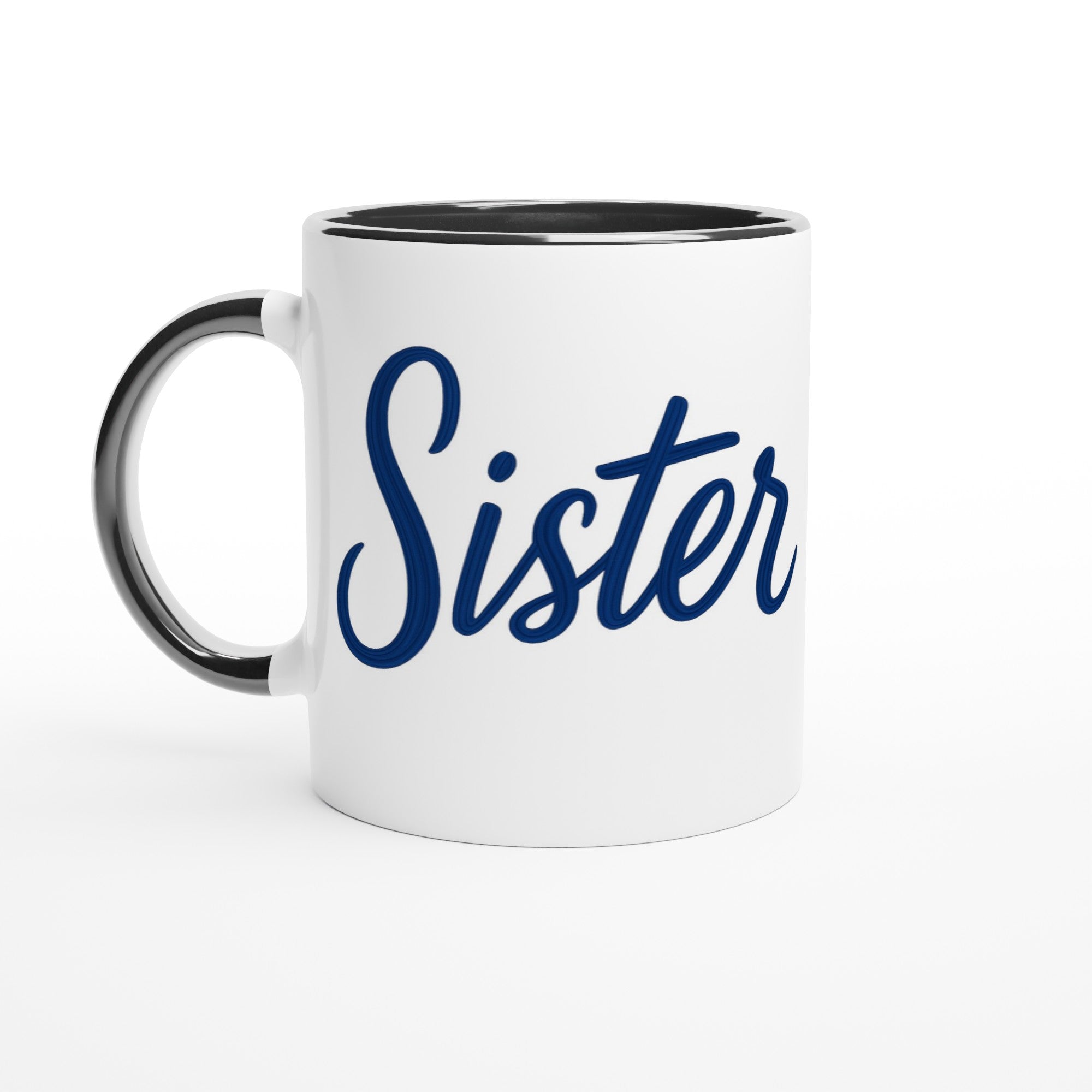 Sister Mug - Blue Brush Script Mug with Heart – Elegant Blue Calligraphy 11oz Coffee Cup – Gift for Sister, Birthday or Everyday Surprise Ceramic Black