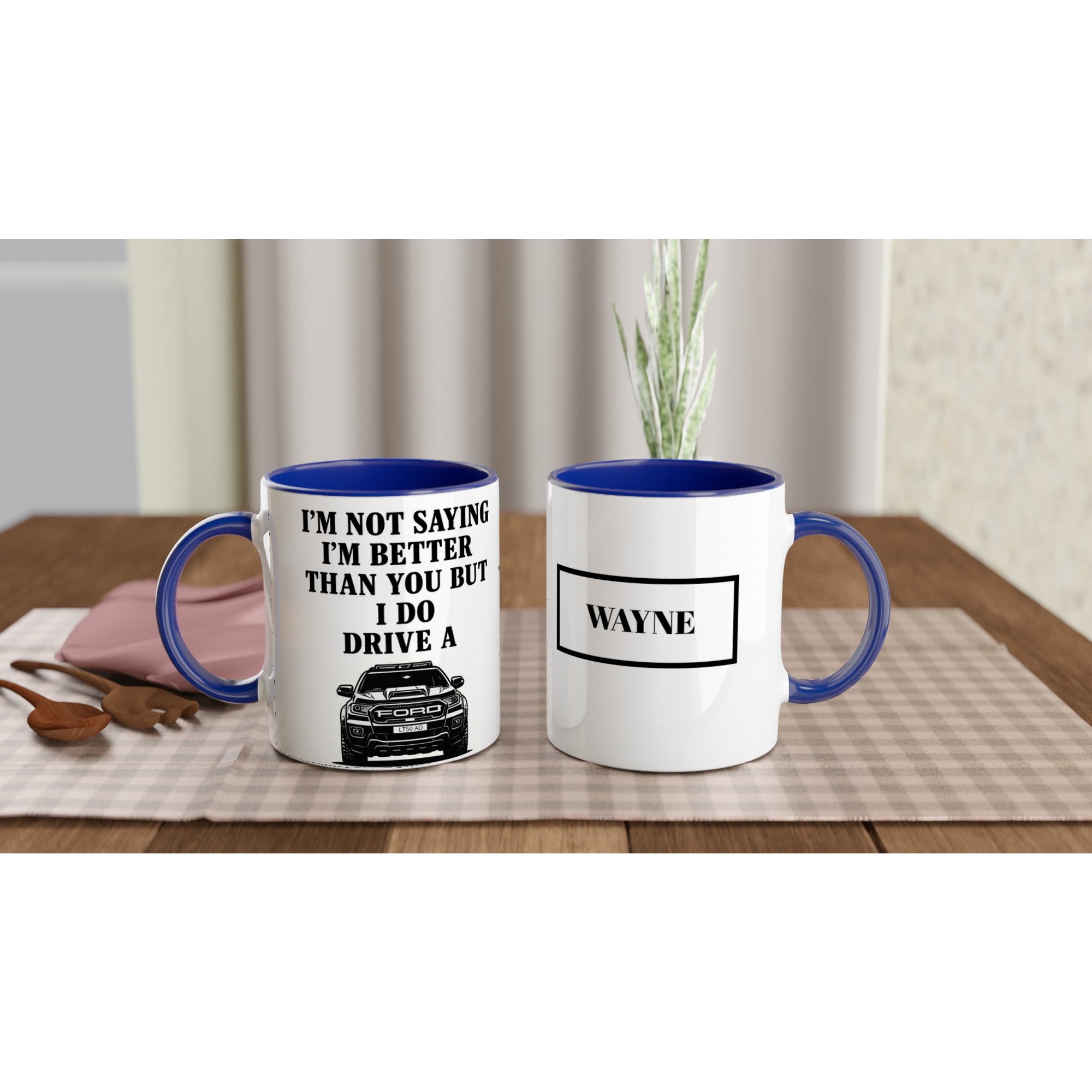 Personalized Ford Ranger Wildtrak Mug - Modified Car Lover Dad Gift 11oz - Add Your Own Name and Number Plate Ceramic Blue
