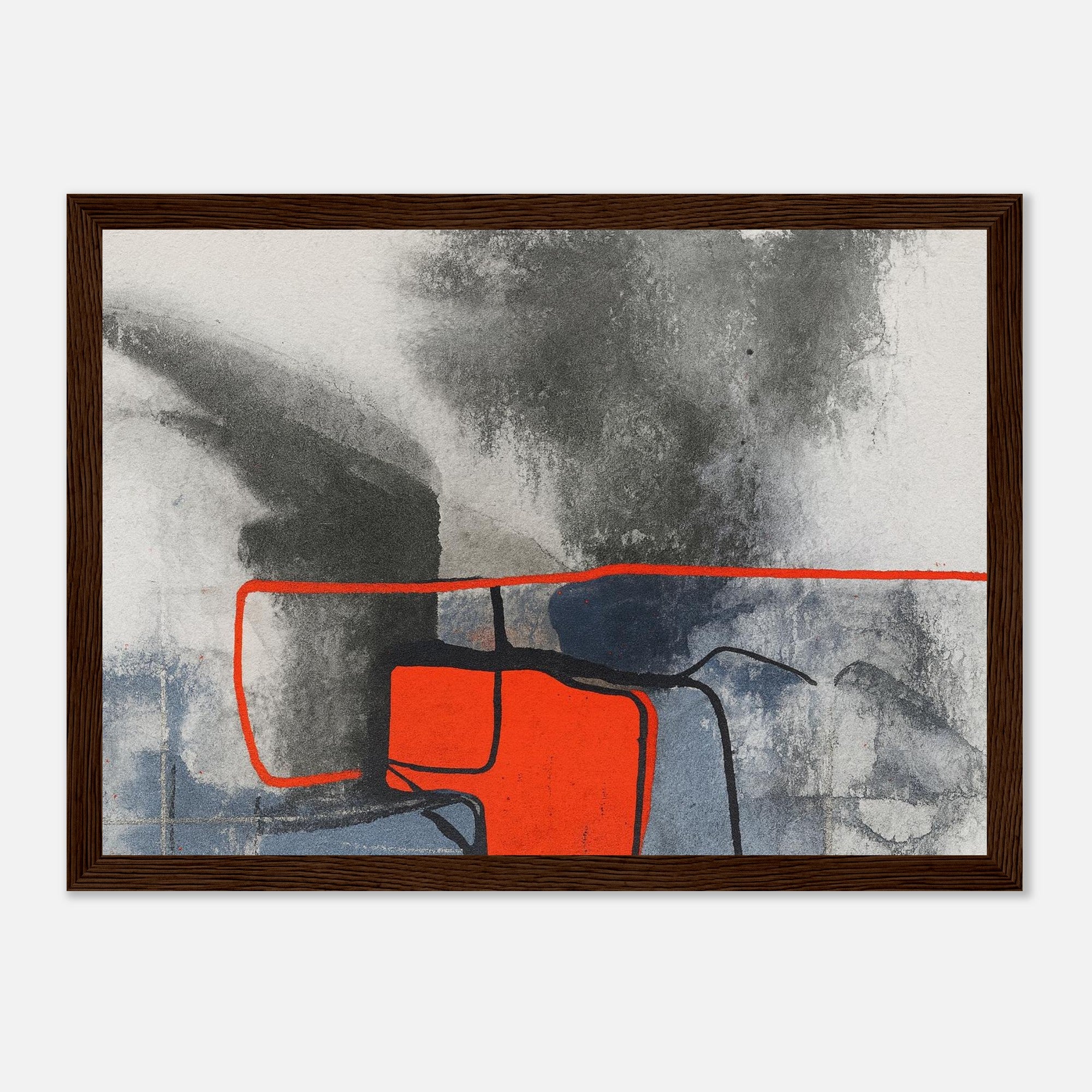 Urban Ember – Abstract Expressionist Print with Red Accents, Modern Art Poster, Moody Watercolor - Matte Wooden Framed 21x29.7 cm 8x12" Dark wood frame