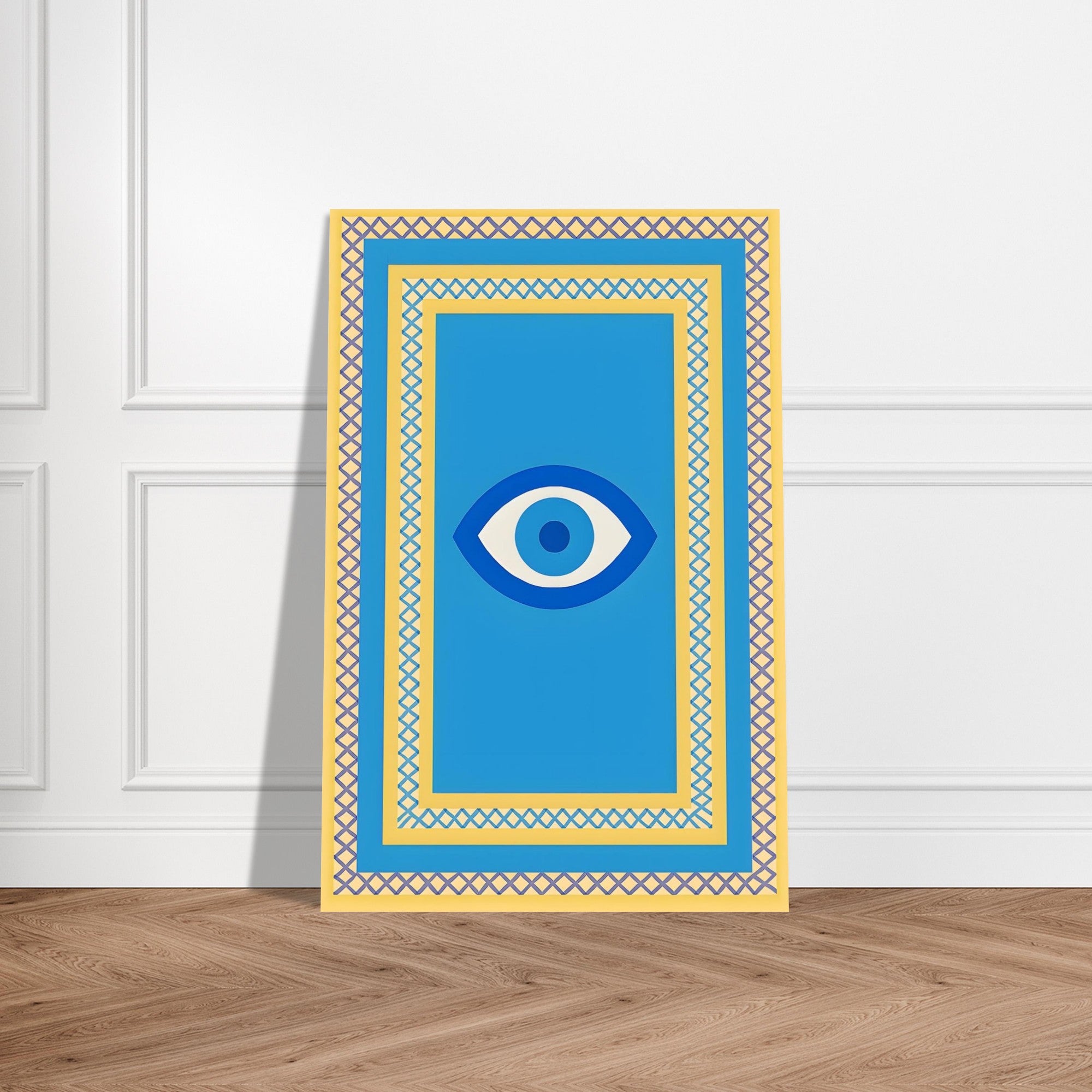 Azure Guardian – Evil Eye Folk Wall Art in Rich Earth Tones (A0, A1,A2, A3. A4 Poster) 40x60 cm 16x24″ All Blue