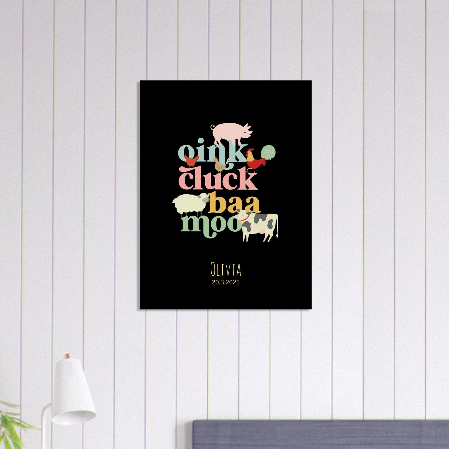 Oink Cluck Baa Moo Personalized Farm Print - Cute Nursery Wall Art Poster - Black 60x80 cm 24x32″