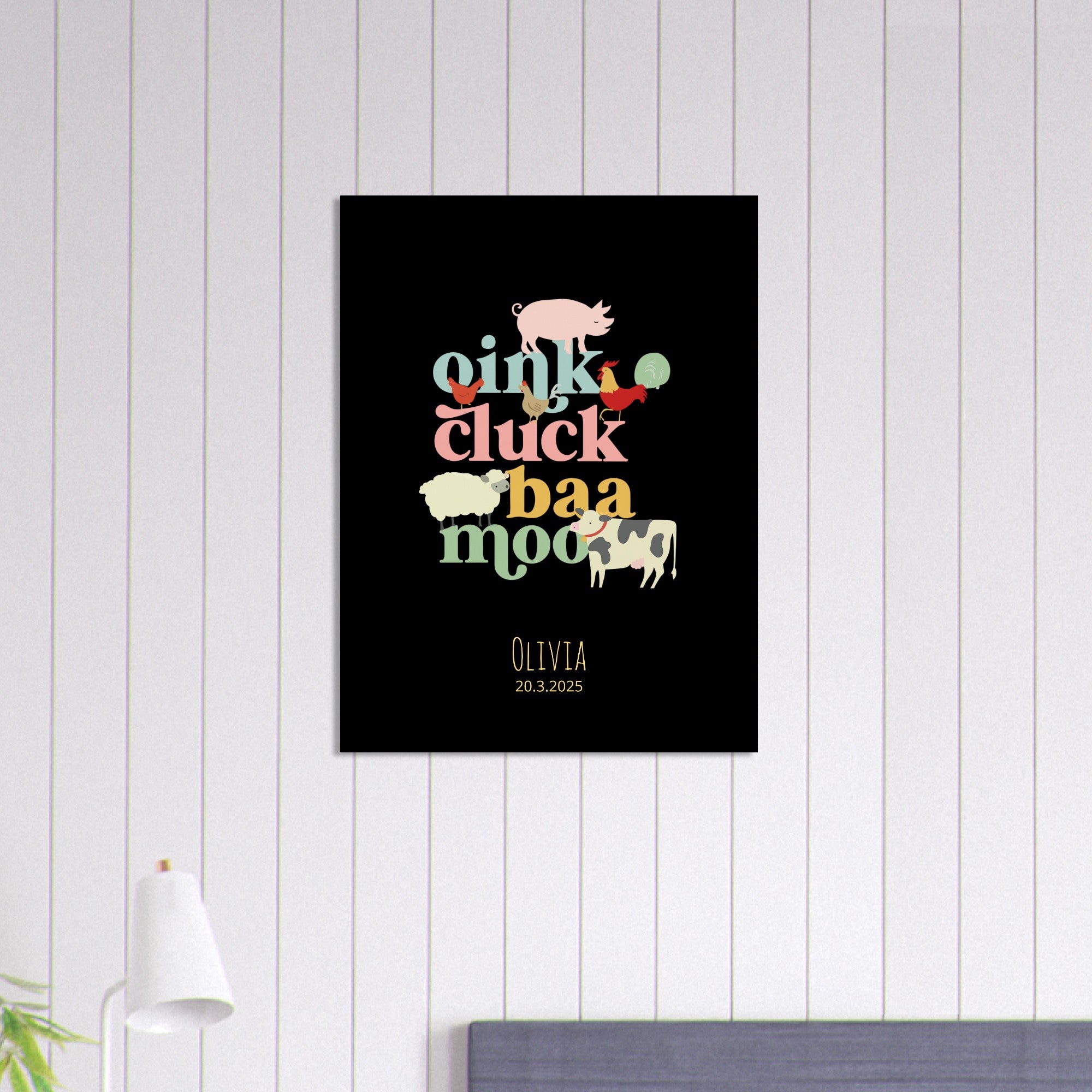 Oink Cluck Baa Moo Personalized Farm Print - Cute Nursery Wall Art Poster - Black 60x80 cm 24x32″