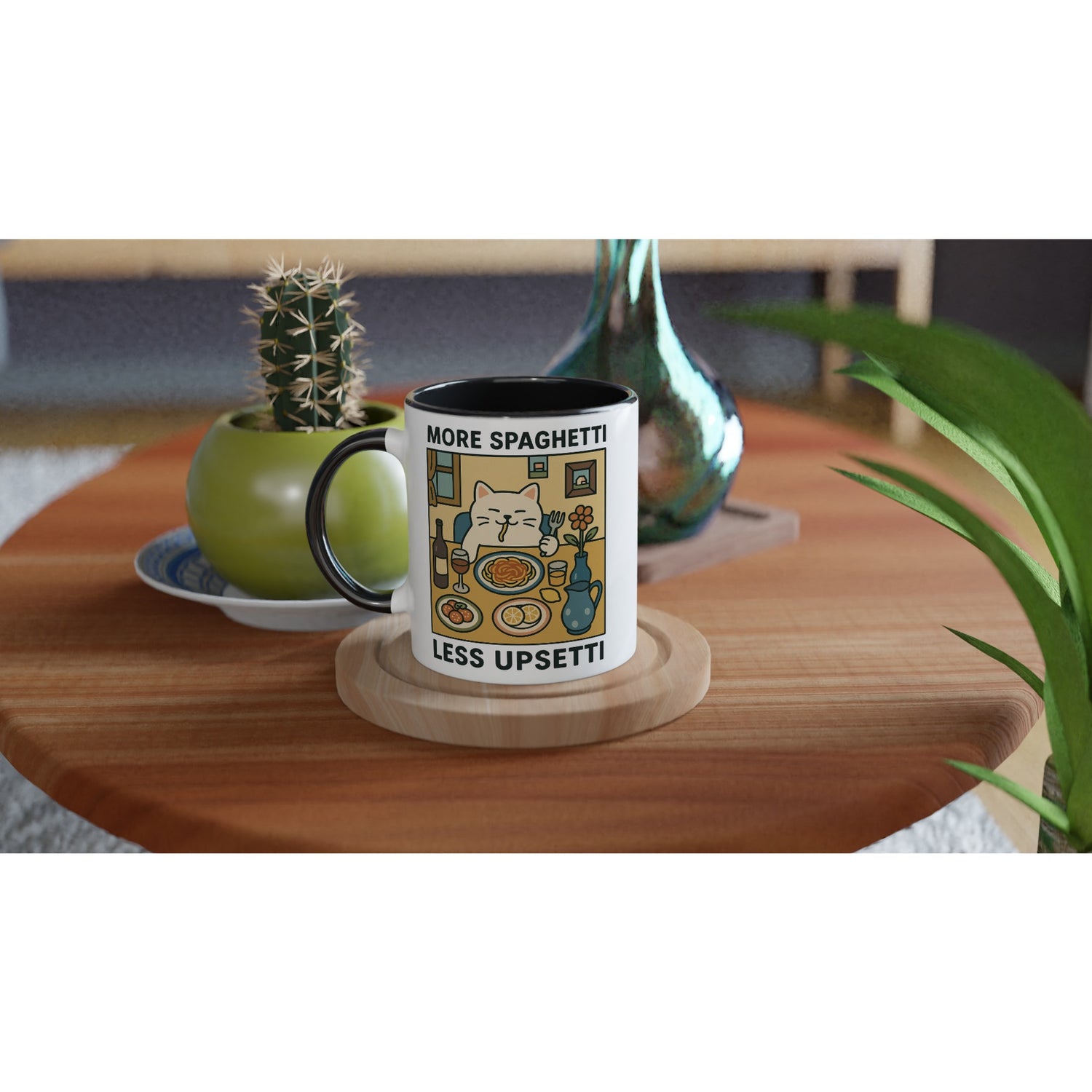 More Spaghetti Less Upsetti Mug - Cute Cat Lover Gift - 11oz Ceramic Cup for Coffee & Tea