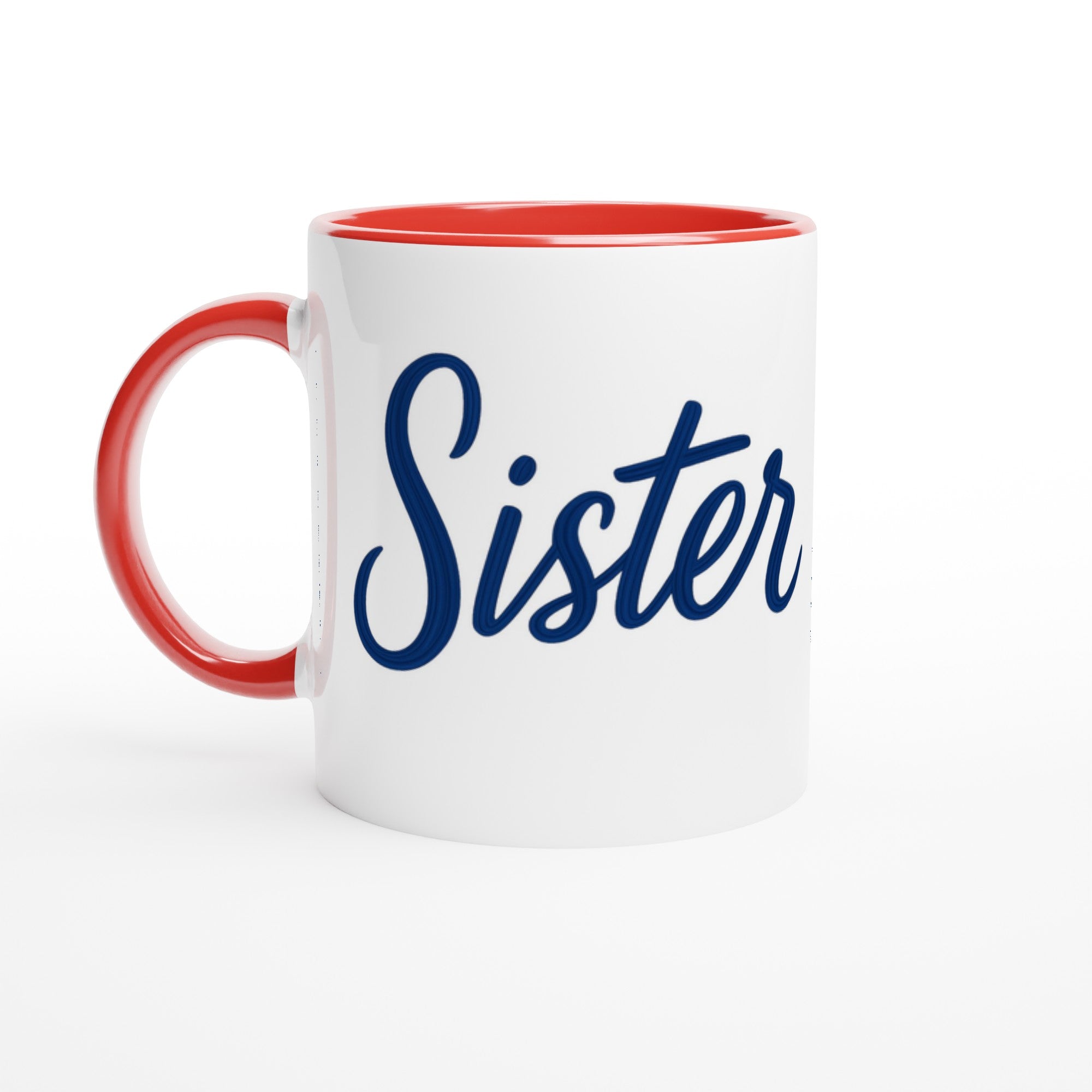 Sister Mug - Blue Brush Script Mug with Heart – Elegant Blue Calligraphy 11oz Coffee Cup – Gift for Sister, Birthday or Everyday Surprise Ceramic Red