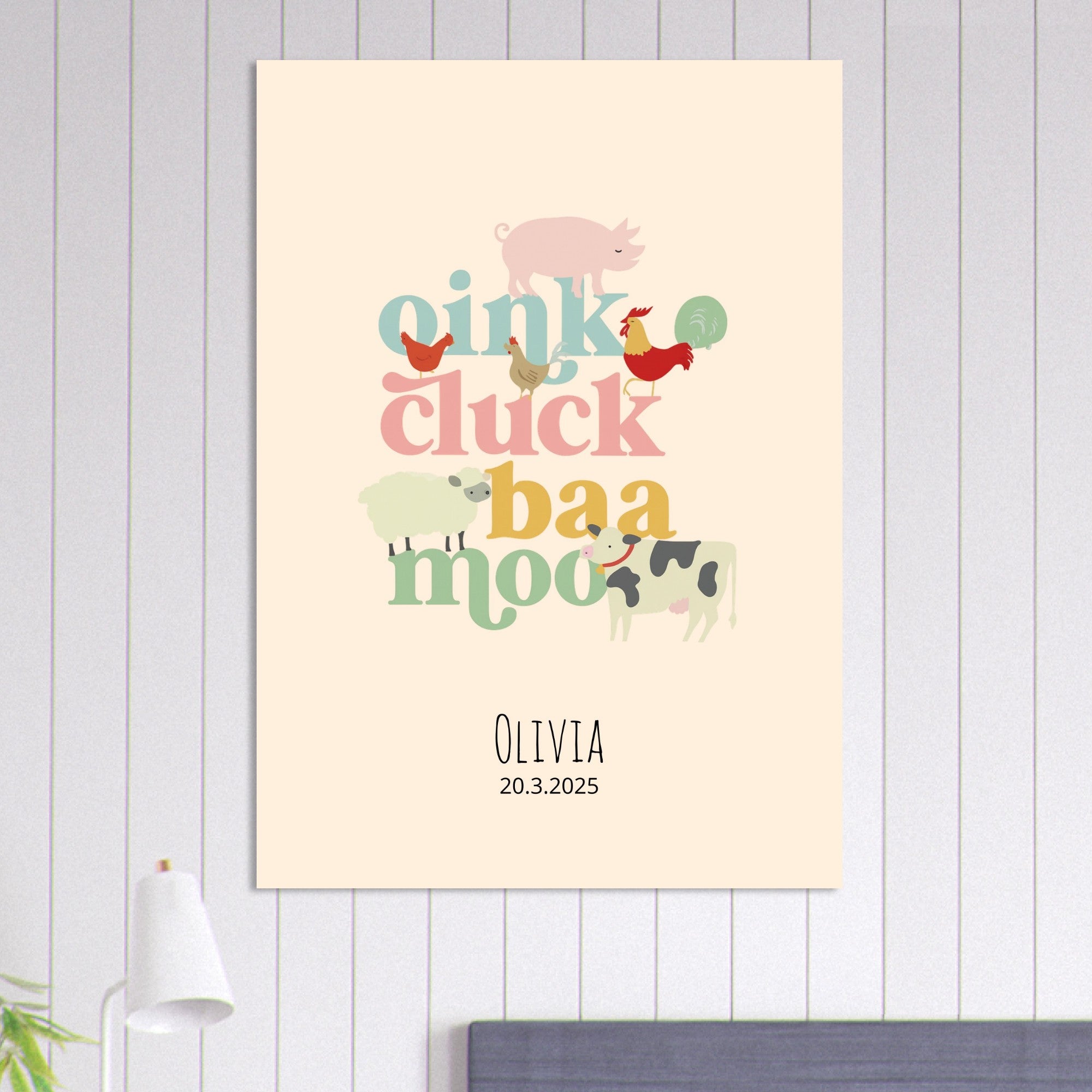 Oink Cluck Baa Moo Personalized Farm Print - Cute Nursery Wall Art Poster A0 (84.1 x 118.9 cm)