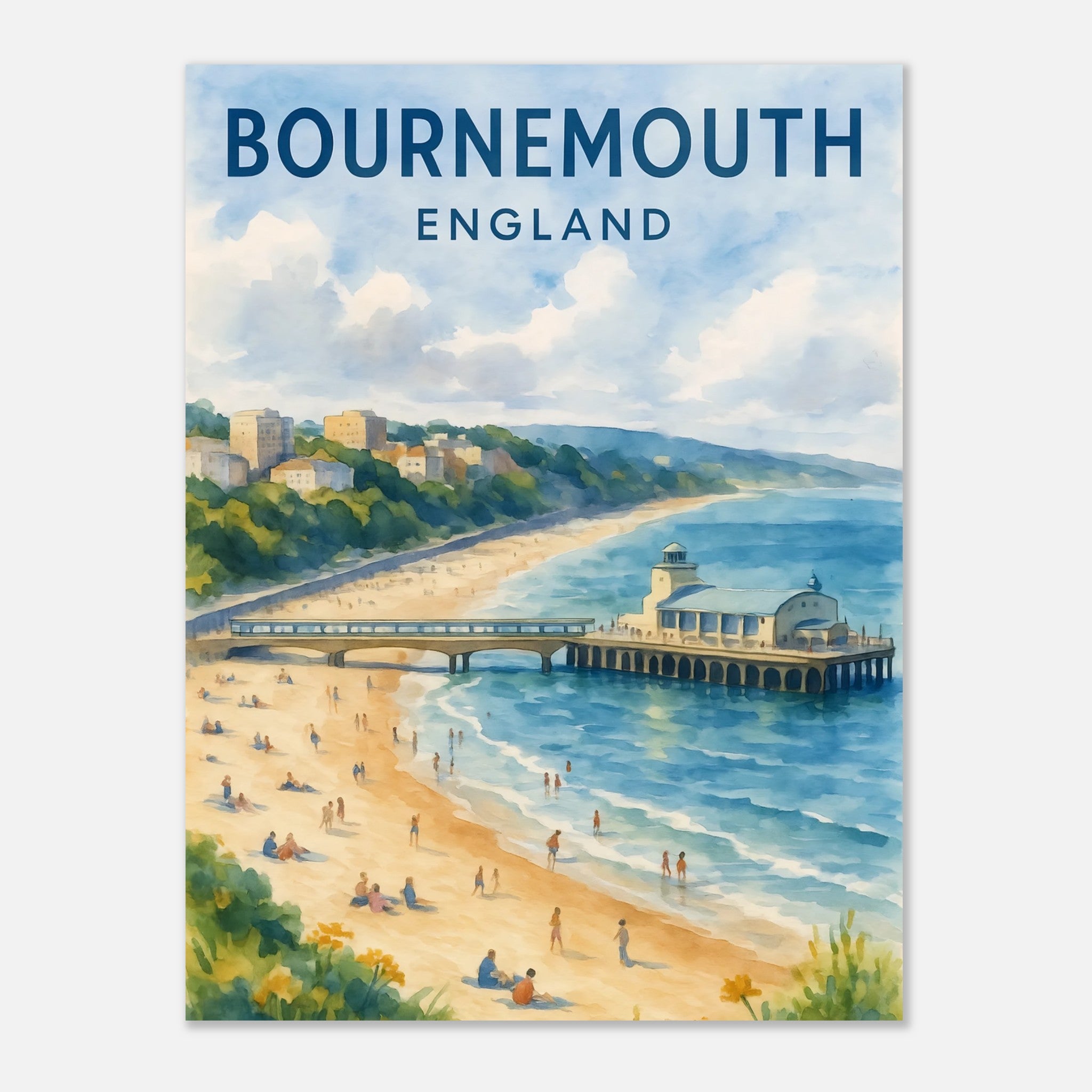 Bournemouth England Watercolor Poster: Dorset Travel Print, FSC Matte Paper 60x80 cm 24x32″