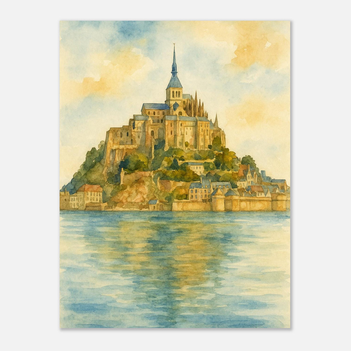 Mont Saint Michel France Coastal Monastery Watercolour Print – Unframed Travel Wall Art, Home Decor 75x100 cm 30x40″