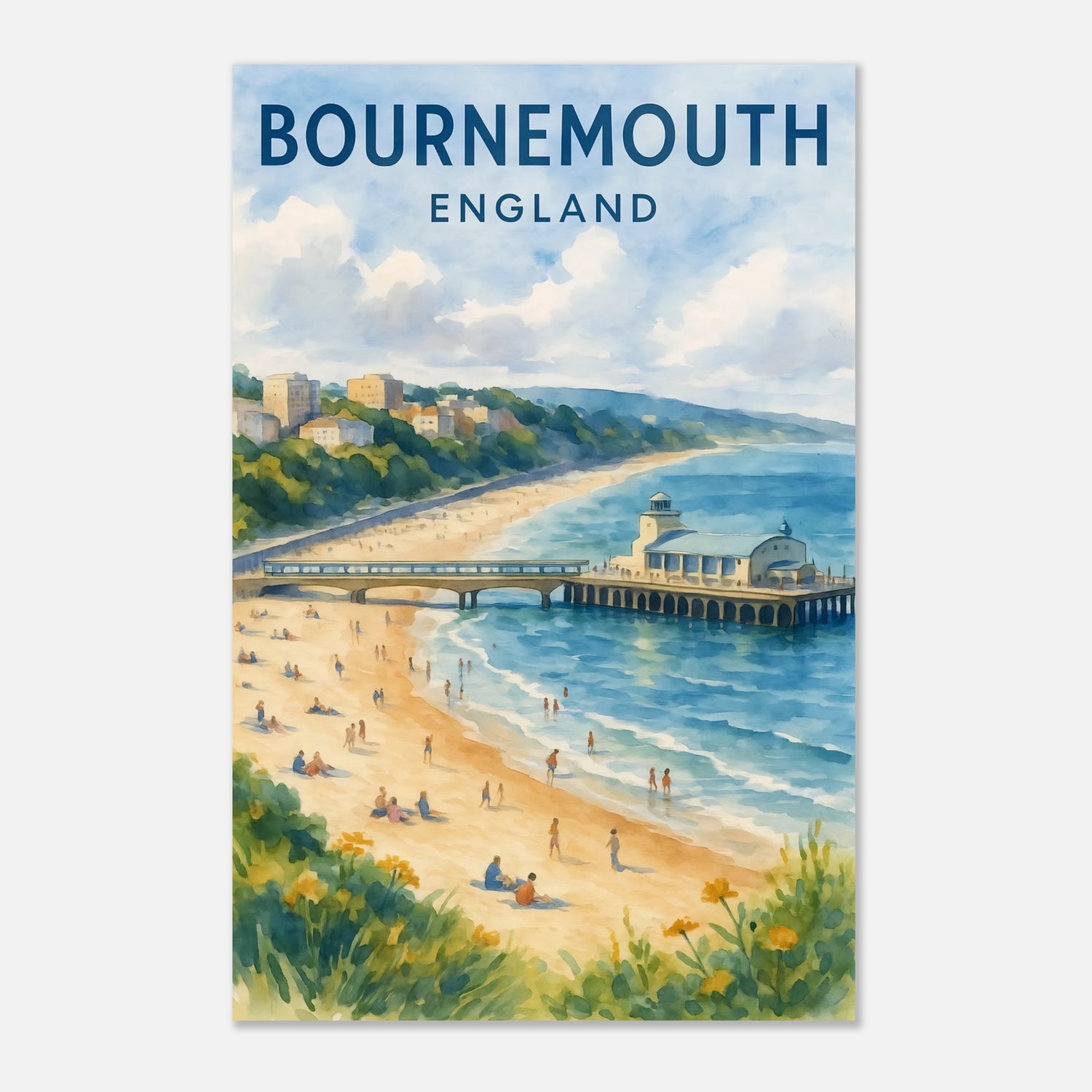 Bournemouth England Watercolor Poster: Dorset Travel Print, FSC Matte Paper 28x43 cm XL (11x17″)