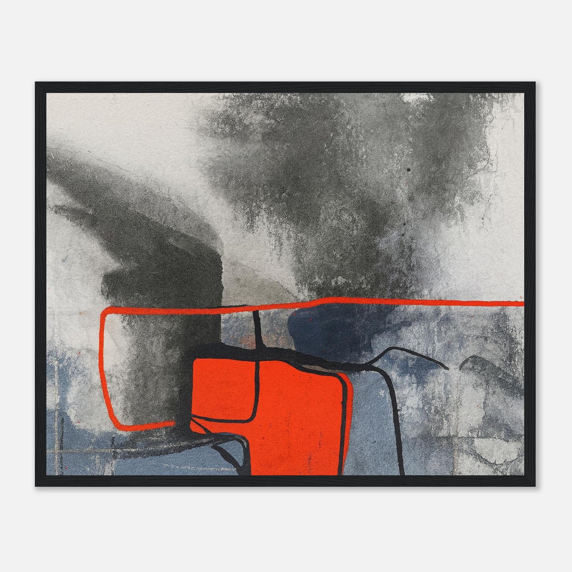 Urban Ember – Abstract Expressionist Print with Red Accents, Modern Art Poster, Moody Watercolor - Matte Wooden Framed 40x50 cm 16x20″ Black frame