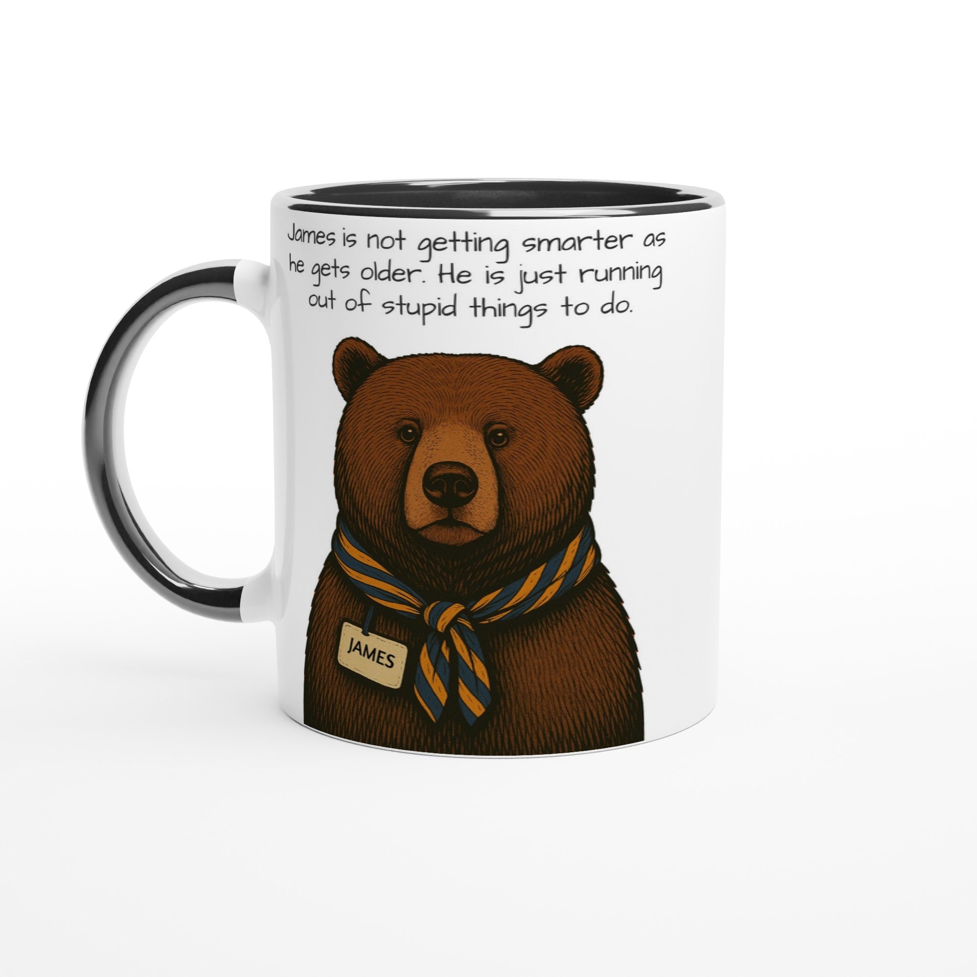 Wise Bear Mug – Vintage Bear Illustration with Scarf – Custom Bear Tag – Funny 11oz Coffee Mug – Gift for Him – Quirky Animal Lover Gift Ceramic Black