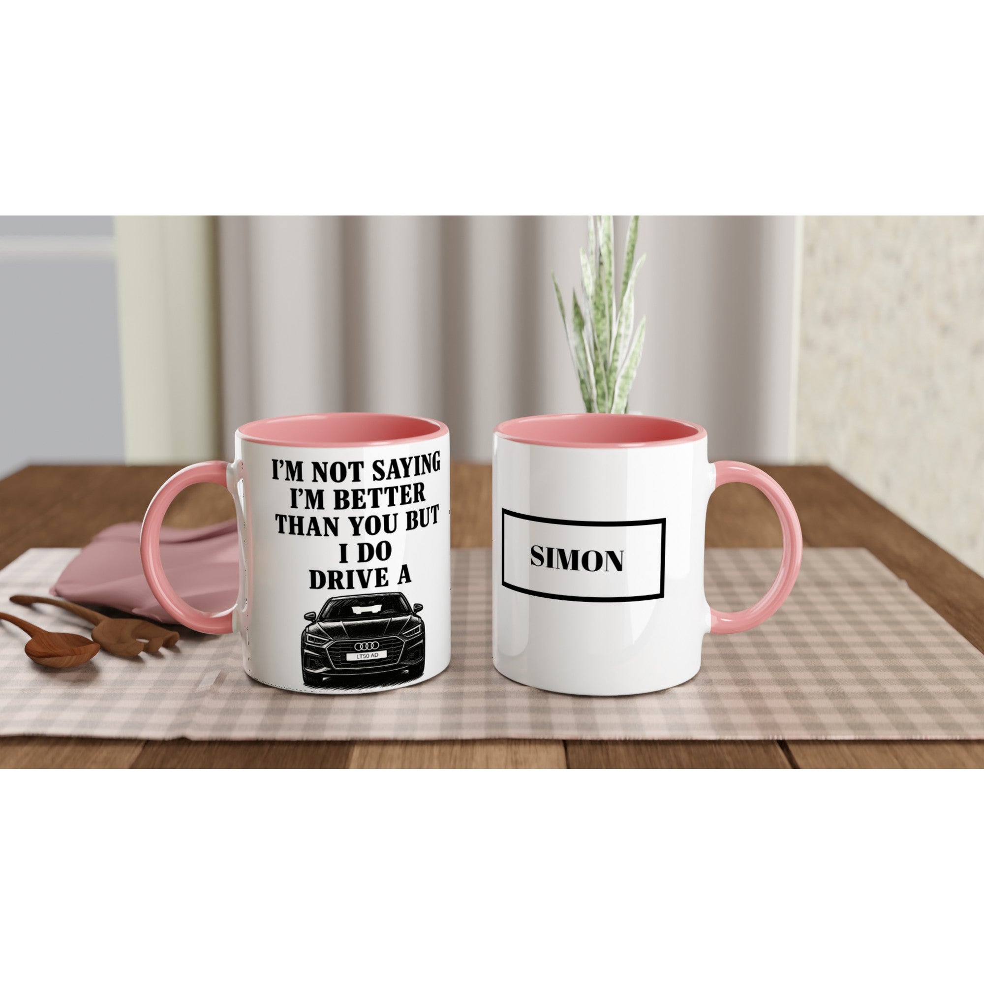 Funny Personalized Audi Mug - Custom Car Lover Dad Gift - Add Name & Number Plate - 11oz Ceramic Ceramic Pink