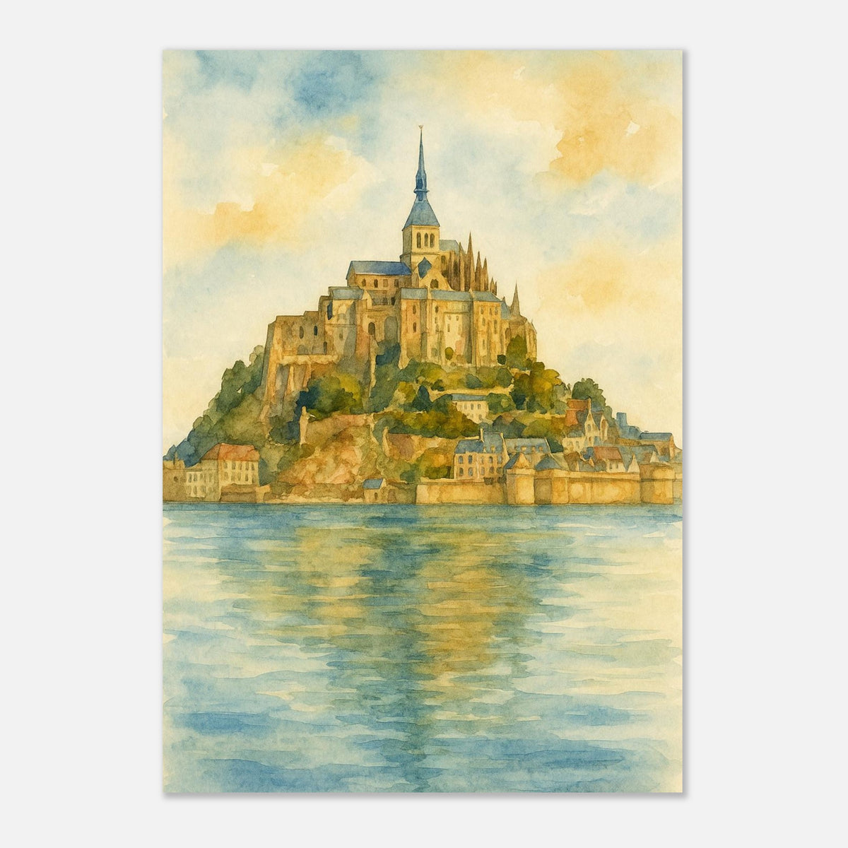 Mont Saint Michel France Coastal Monastery Watercolour Print – Unframed Travel Wall Art, Home Decor 70x100 cm 28x40″