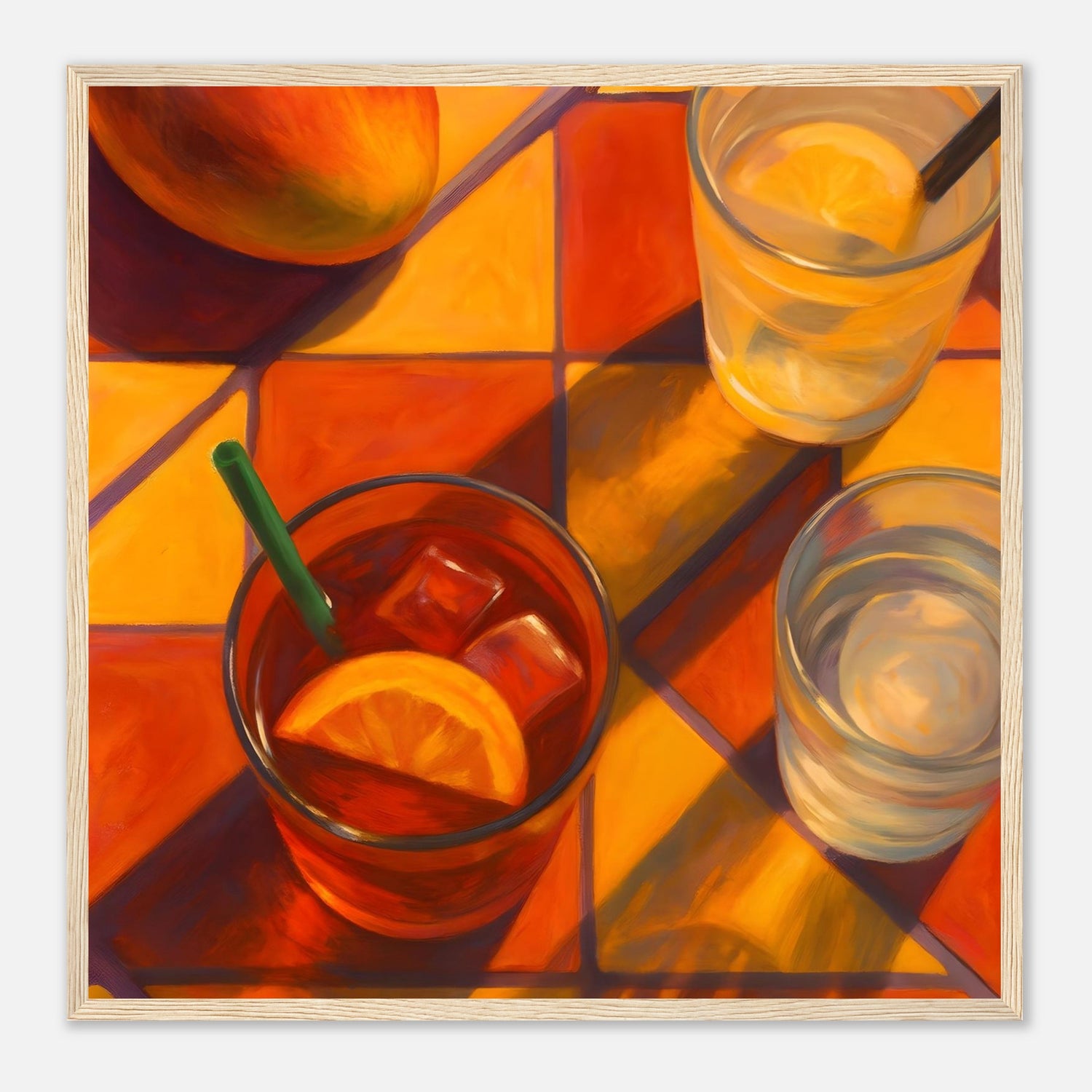 Vibrant Mango & Citrus Still Life Poster - Warm Tile Aesthetic Wall Art - Wooden Framed Poster 50x50 cm 20x20″ Wood frame