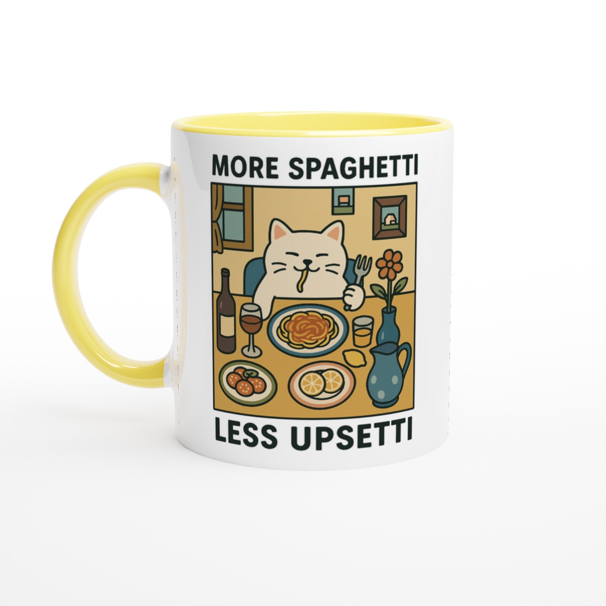 More Spaghetti Less Upsetti Mug - Cute Cat Lover Gift - 11oz Ceramic Cup for Coffee & Tea Ceramic Yellow