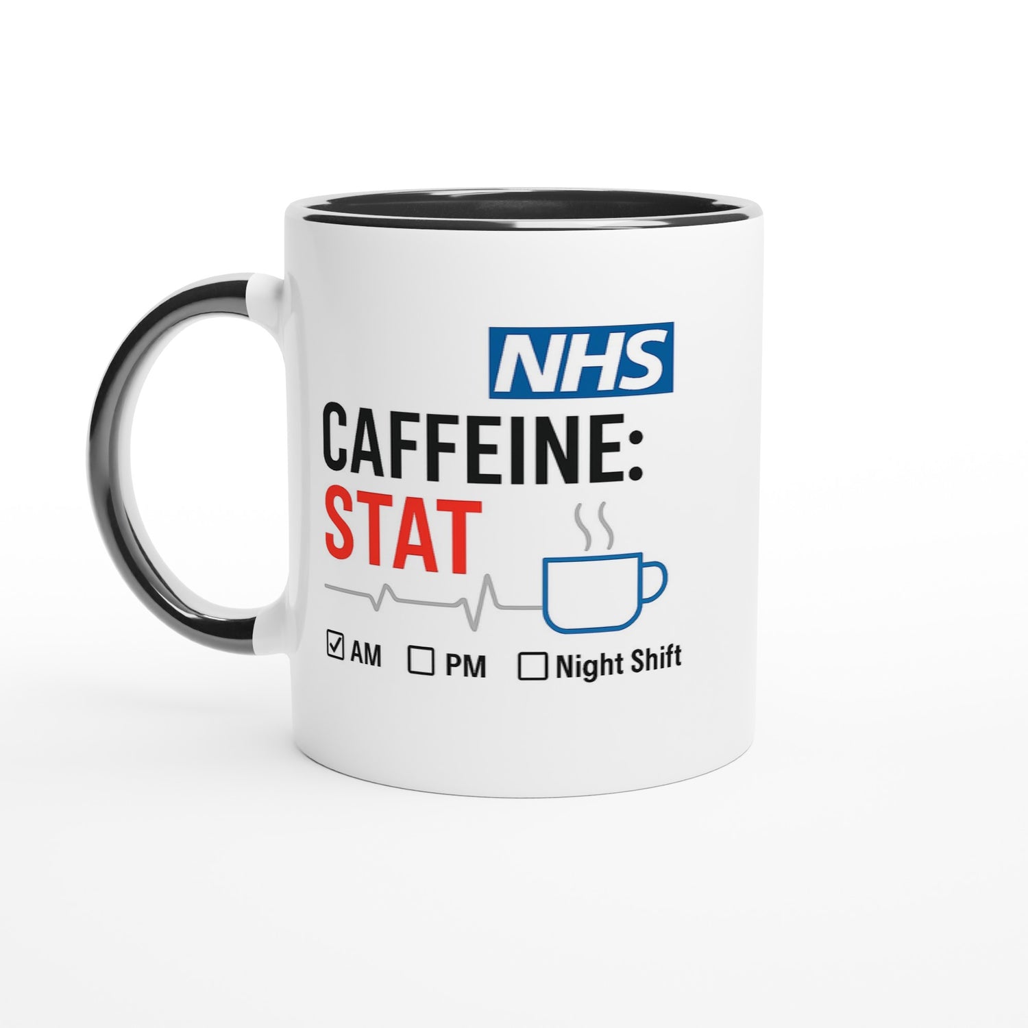 Funny NHS Nurse Mug - Caffeine STAT Coffee Cup - Gift for Day Evening Night Shift Healthcare Heroes - Doctor Mug Ceramic Black