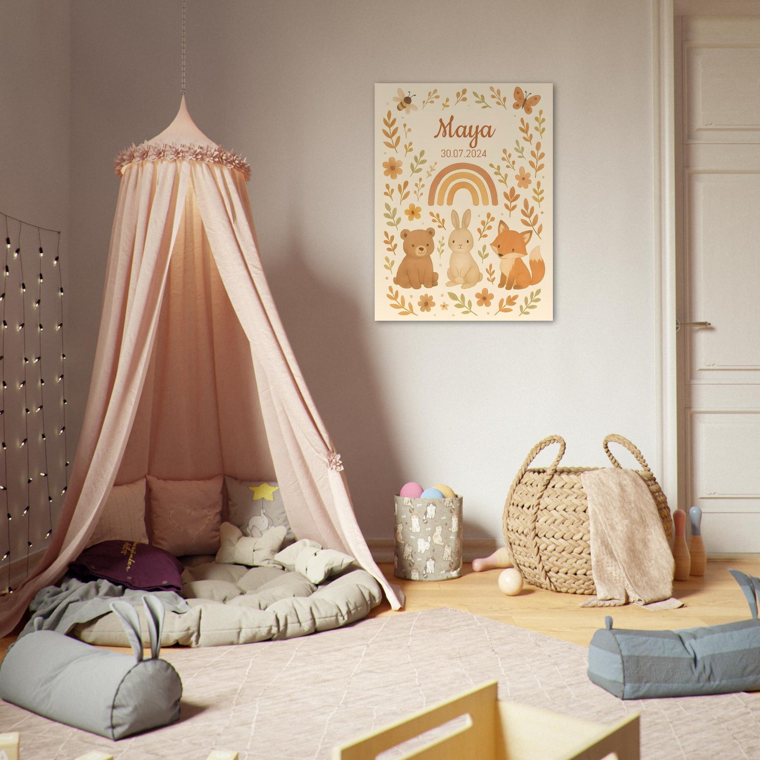 Personalized Rustic Woodland Rainbow Nursery Poster – Bear, Bunny & Fox with Floral Watercolor - Custom Kids Print 75x100 cm 30x40″