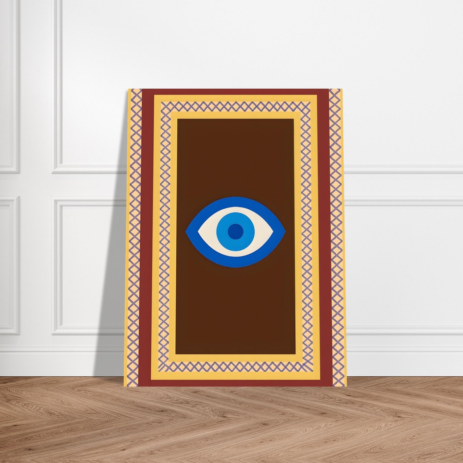 Azure Guardian – Evil Eye Folk Wall Art in Rich Earth Tones (A0, A1,A2, A3. A4 Poster) 15x20 cm 6x8″ Brown with Blue Eye