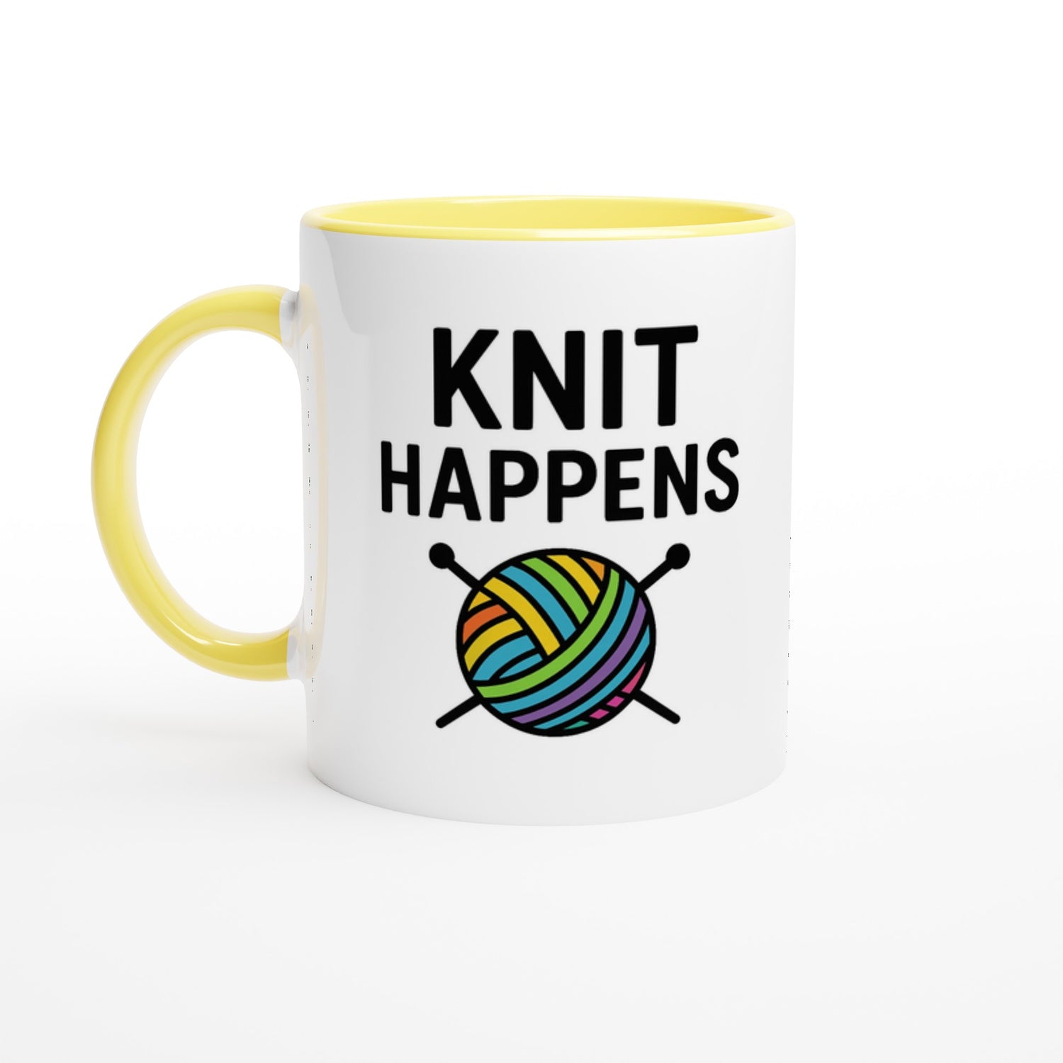 Knit Happens Mug - Perfect Gift for Knitters - Ceramic Coffee Cup for Hobby Lovers Ceramic Yellow