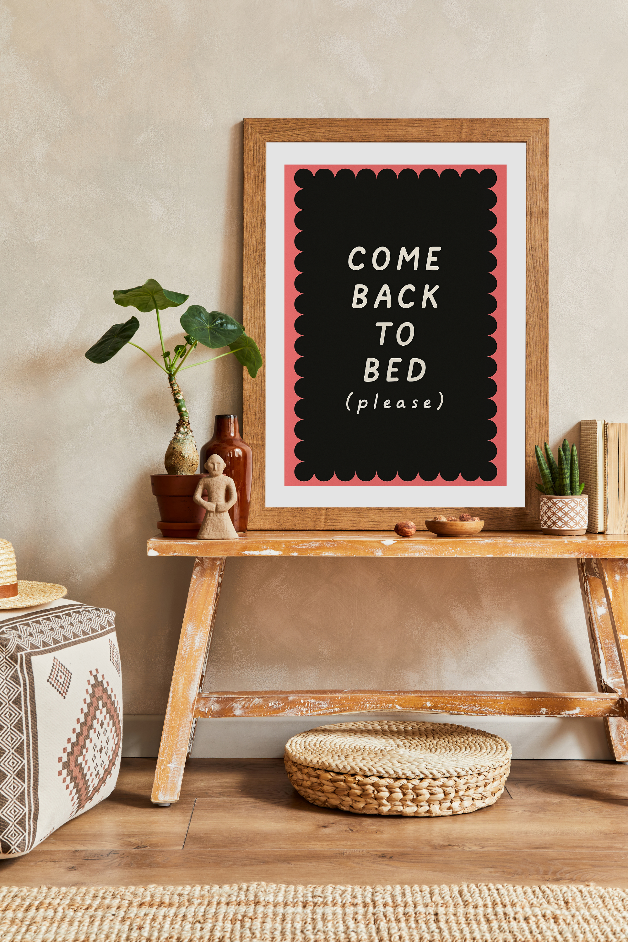 Come Back to Bed Poster - Romantic Pink & Black Wall Art | Pastel Bedroom Decor Print