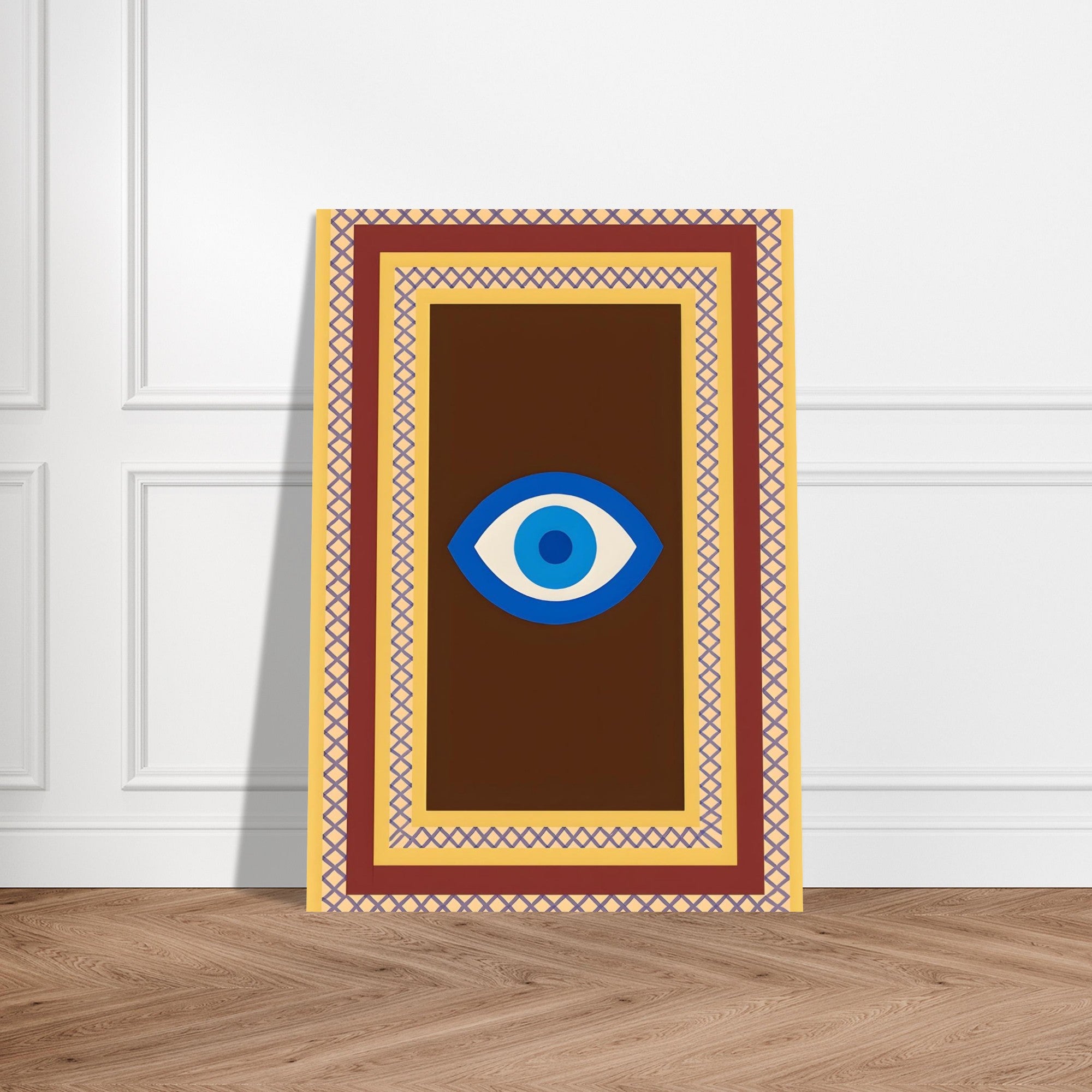 Azure Guardian – Evil Eye Folk Wall Art in Rich Earth Tones (A0, A1,A2, A3. A4 Poster) A2 (42 x 59.4 cm) Brown with Blue Eye