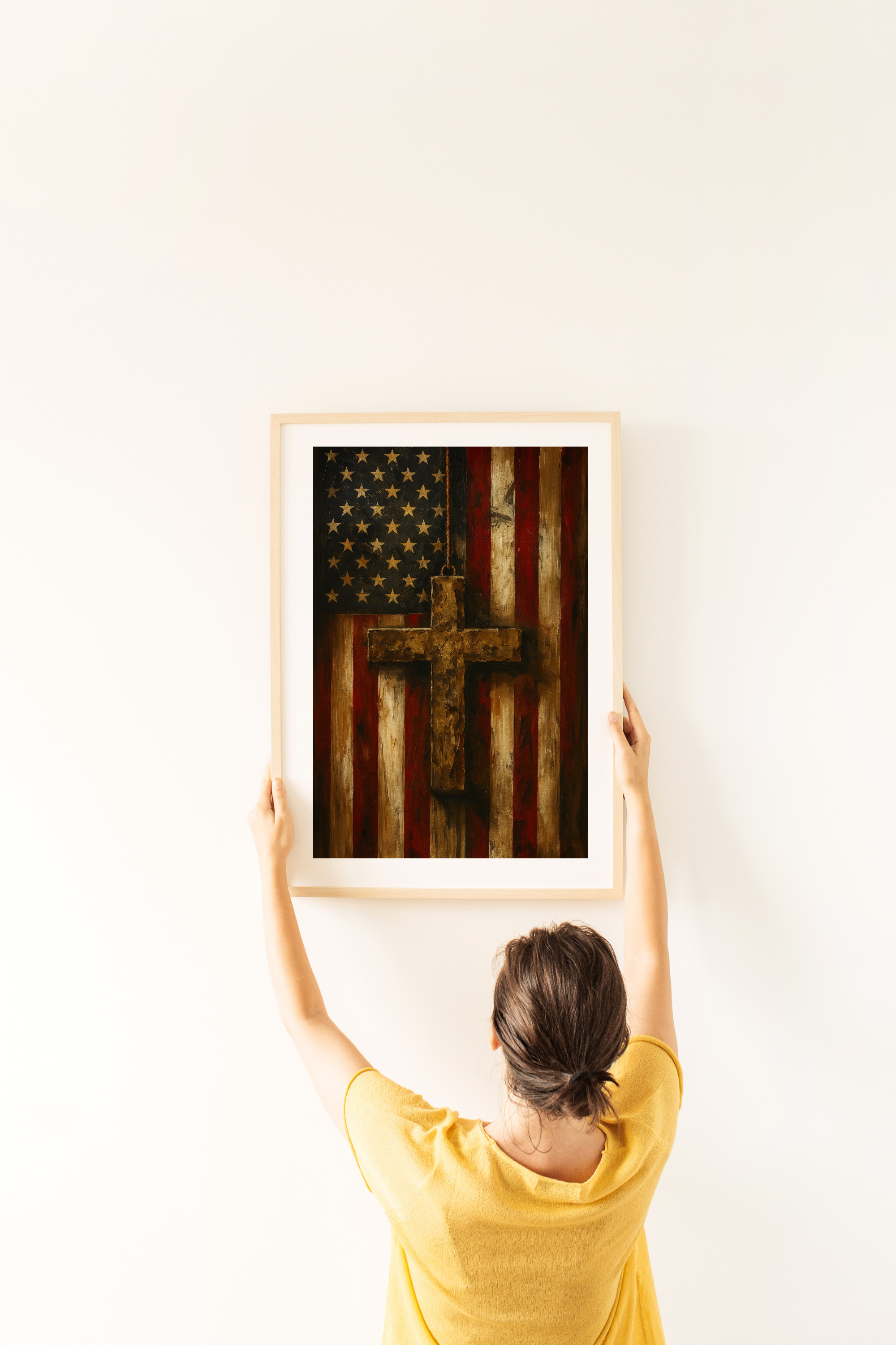 Christian Country Poster - American Flag & Cross Wall Art | Patriotic Faith-Based Home Decor Print