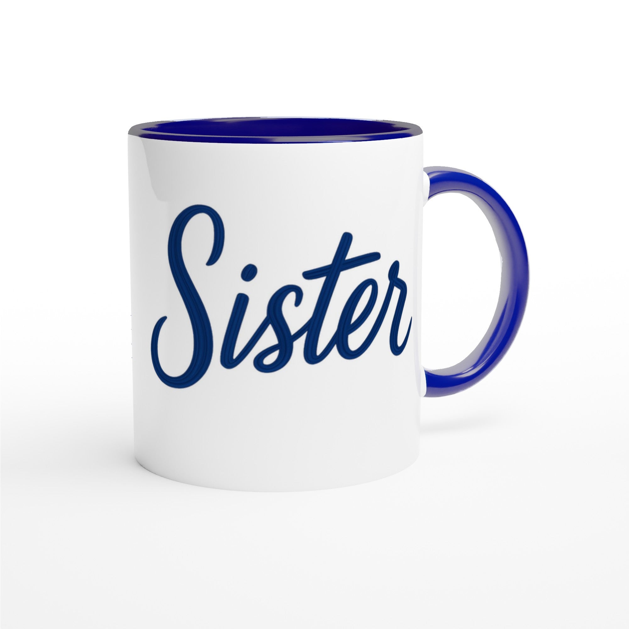 Sister Mug - Blue Brush Script Mug with Heart – Elegant Blue Calligraphy 11oz Coffee Cup – Gift for Sister, Birthday or Everyday Surprise