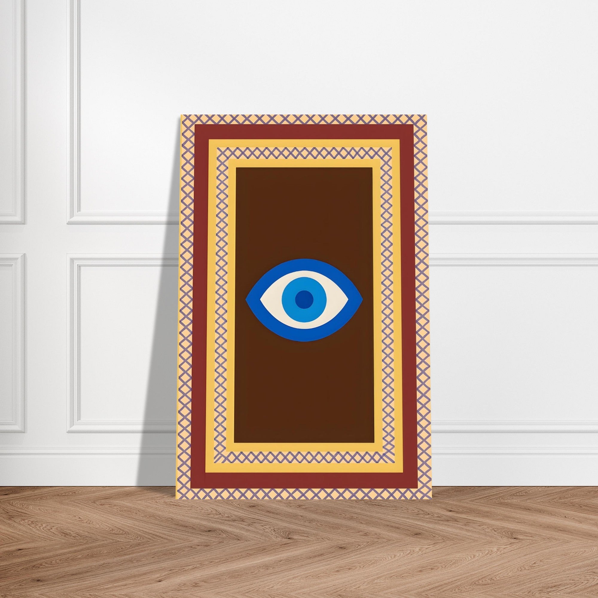 Azure Guardian – Evil Eye Folk Wall Art in Rich Earth Tones (A0, A1,A2, A3. A4 Poster) 40x60 cm 16x24″ Brown with Blue Eye