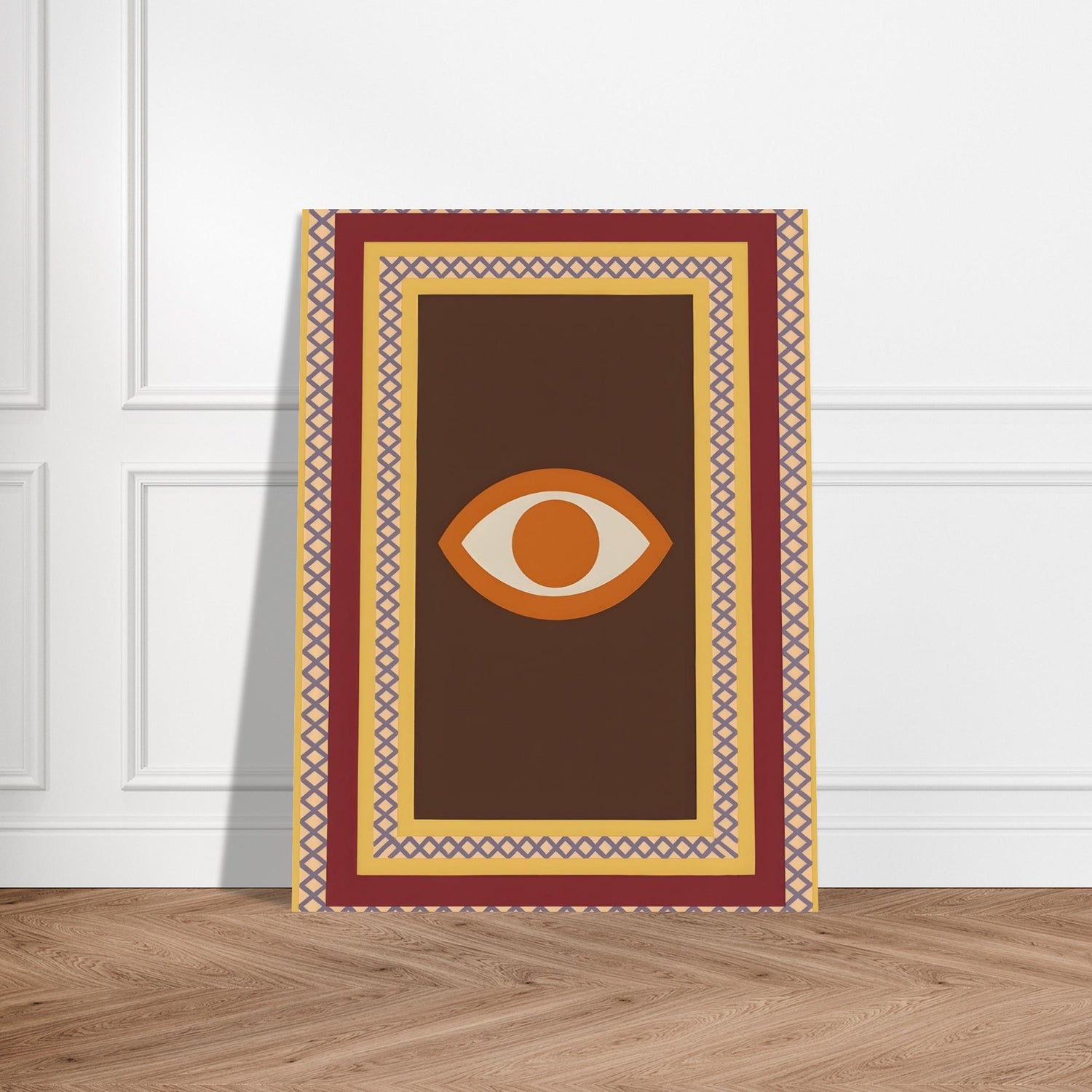Azure Guardian – Evil Eye Folk Wall Art in Rich Earth Tones (A0, A1,A2, A3. A4 Poster) 15x20 cm 6x8″ Brown with Orange Eye