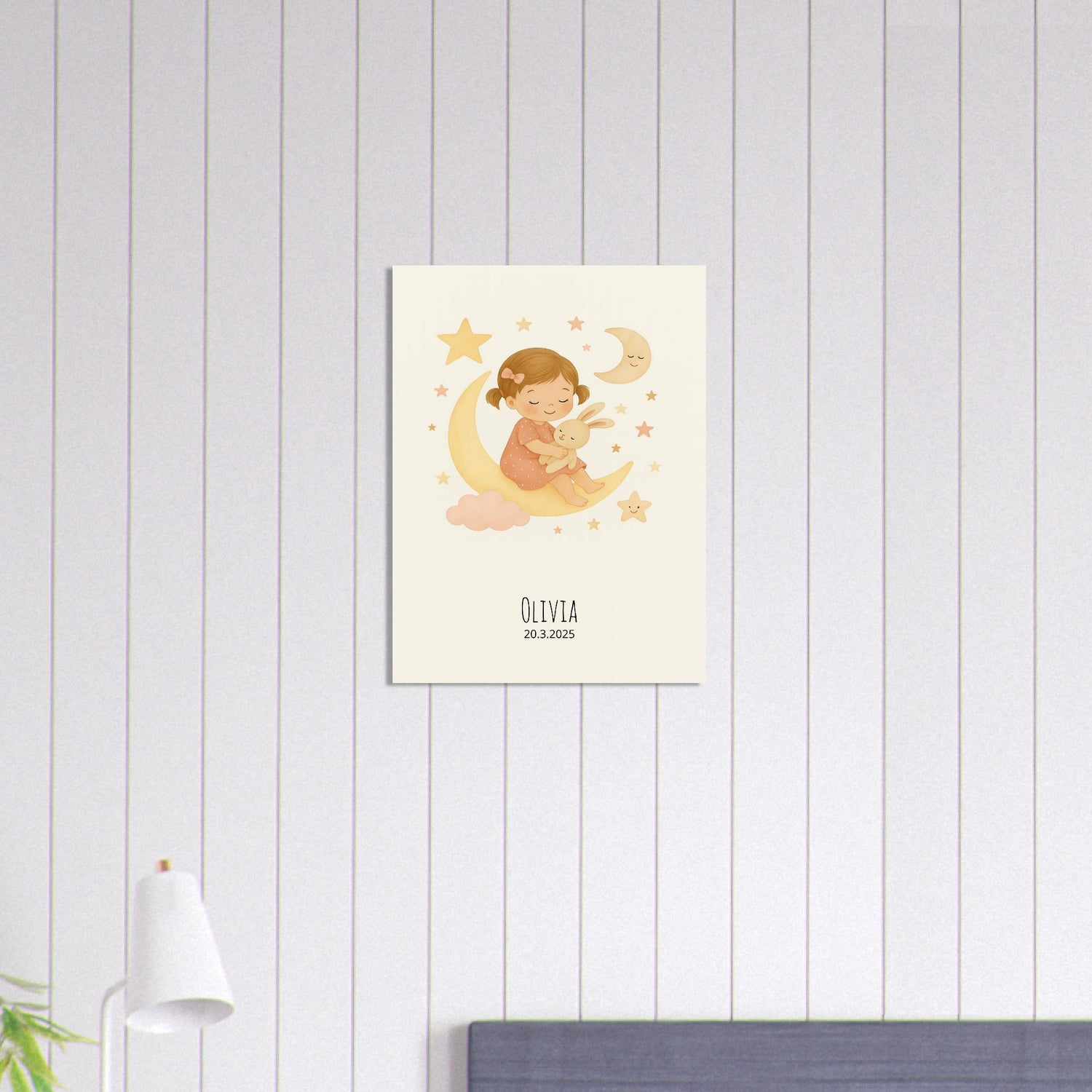 Personalized Baby Girl Nursery Print Poster - Moon, Stars & Teddy Design 45x60 cm 18x24″
