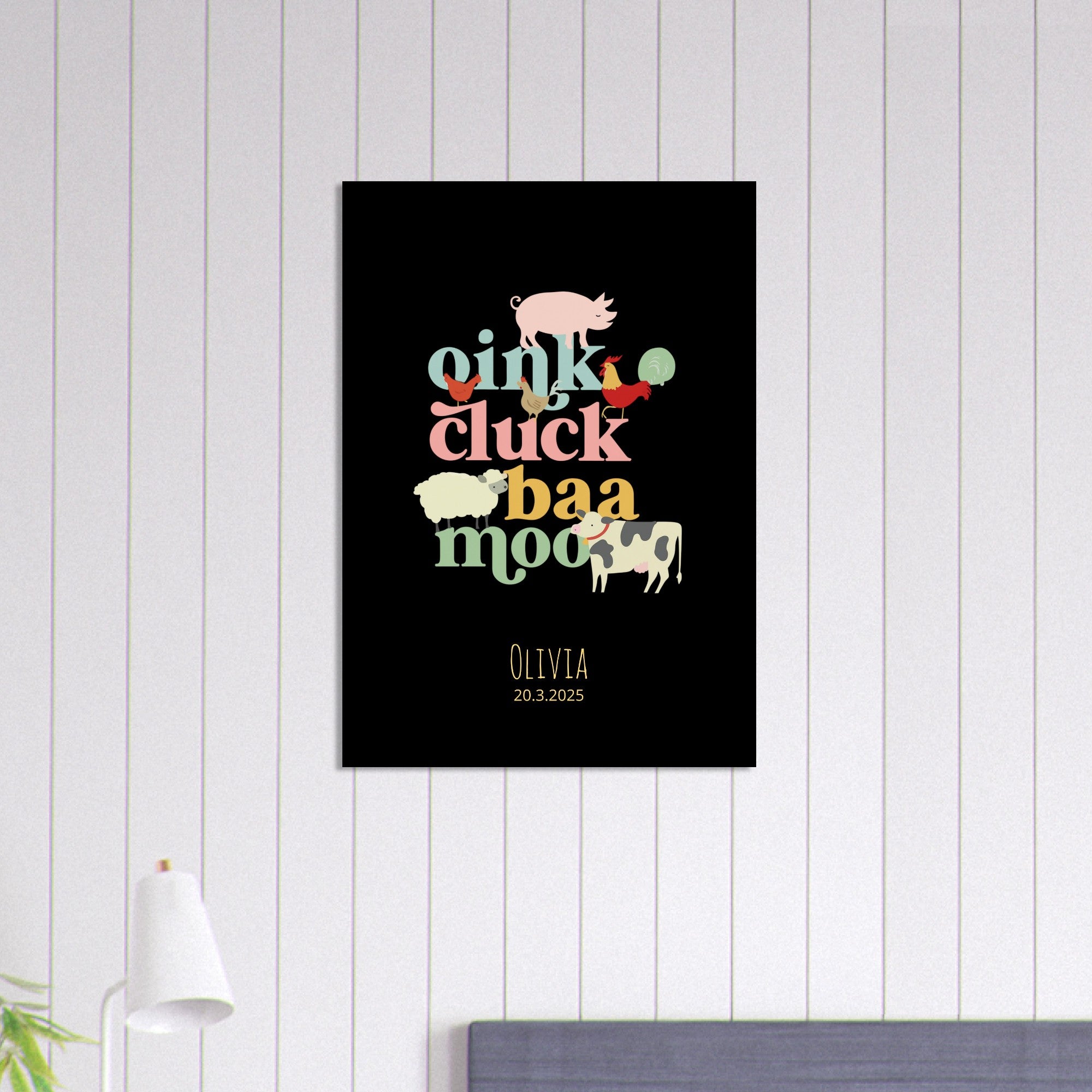 Oink Cluck Baa Moo Personalized Farm Print - Cute Nursery Wall Art Poster - Black A1 (59.4 x 84.1 cm)
