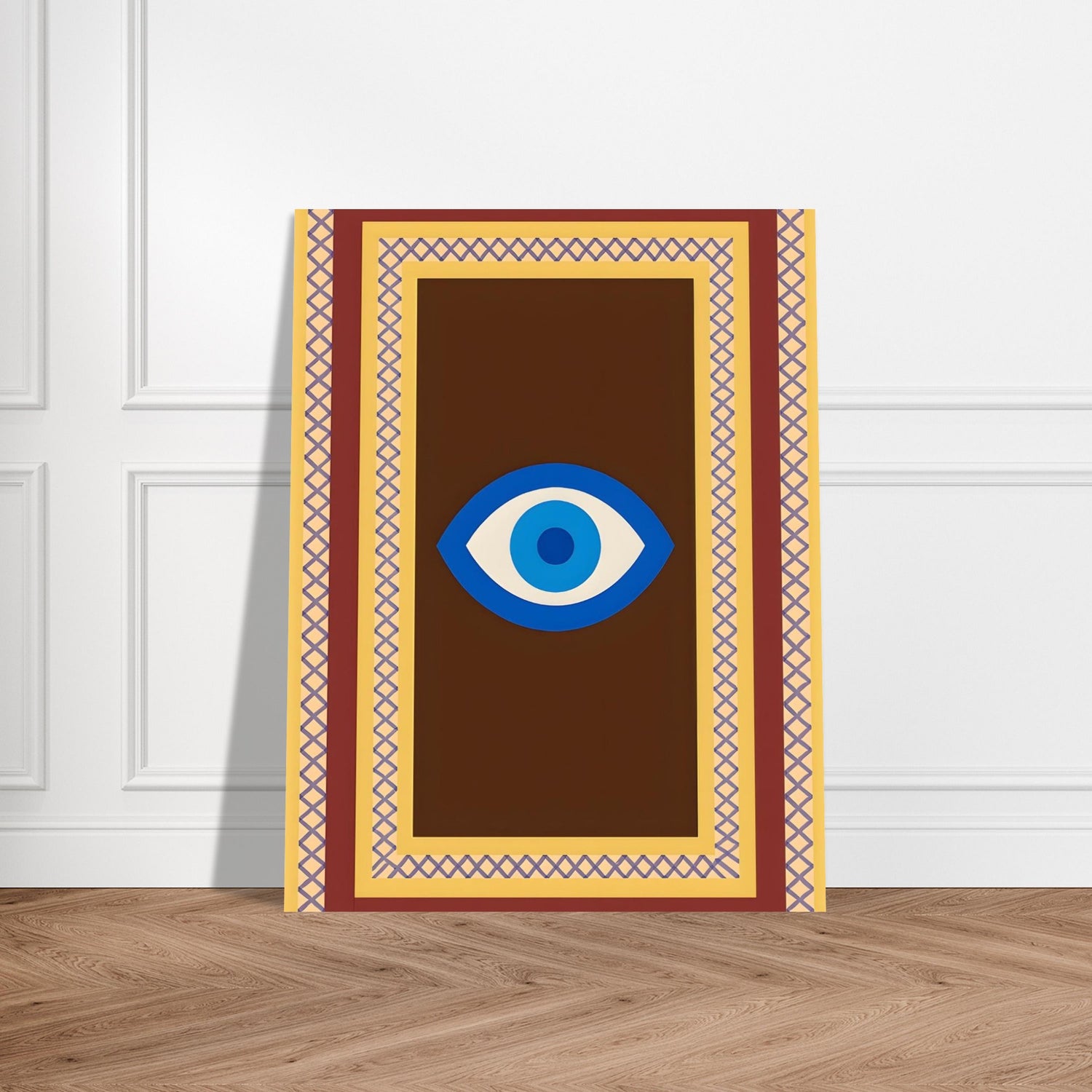 Azure Guardian – Evil Eye Folk Wall Art in Rich Earth Tones (A0, A1,A2, A3. A4 Poster) 27x35 cm 11x14″ Brown with Blue Eye