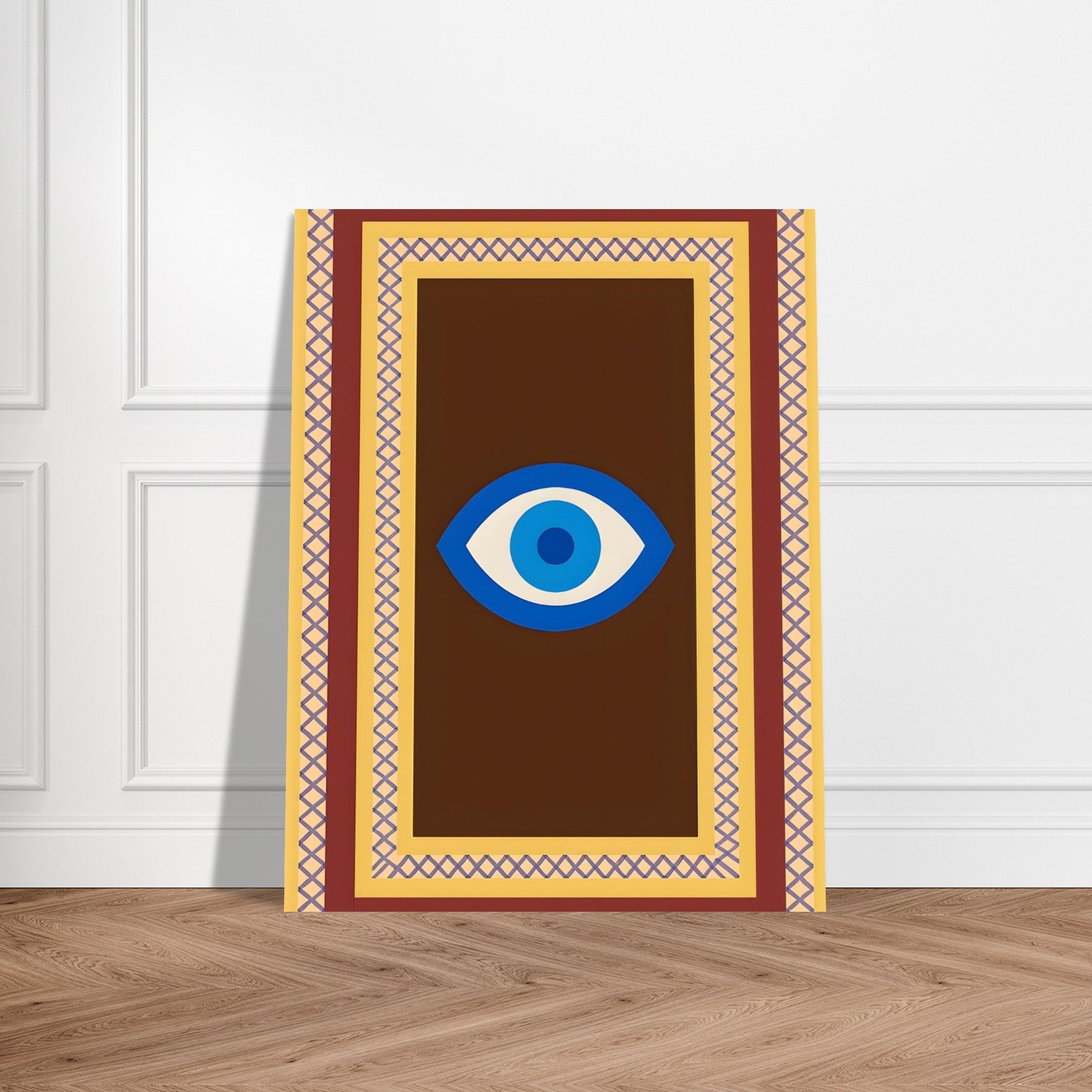 Azure Guardian – Evil Eye Folk Wall Art in Rich Earth Tones (A0, A1,A2, A3. A4 Poster) 27x35 cm 11x14″ Brown with Blue Eye