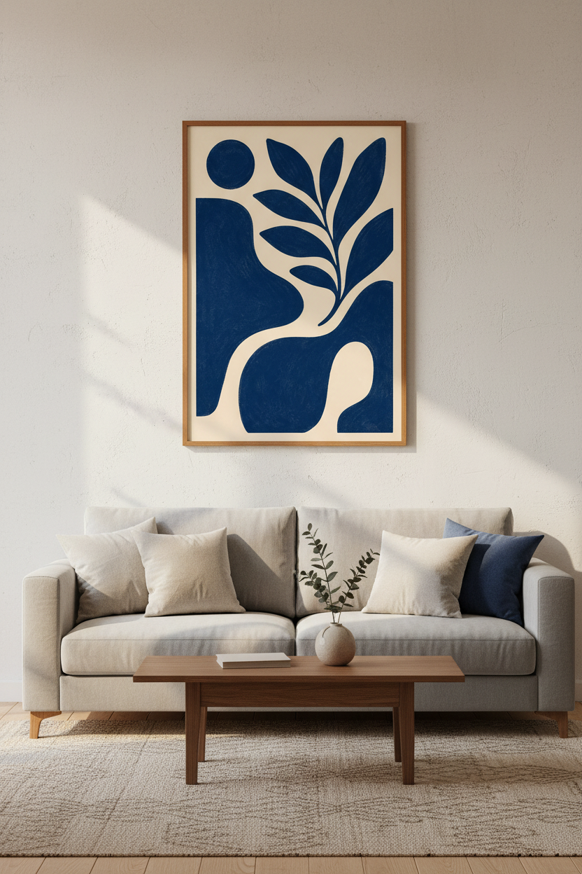 Abstract Navy Leaf Wall Art Print | Modern Botanical Decor | Indigo Minimalist Poster