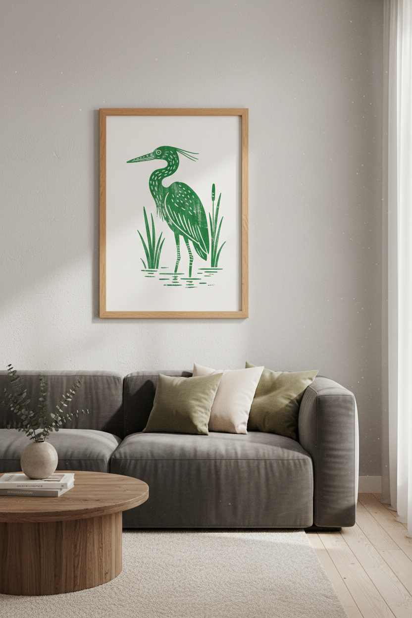 Green Heron Linocut Wall Art Print | Coastal Lake House Decor | Boho Minimalist Poster