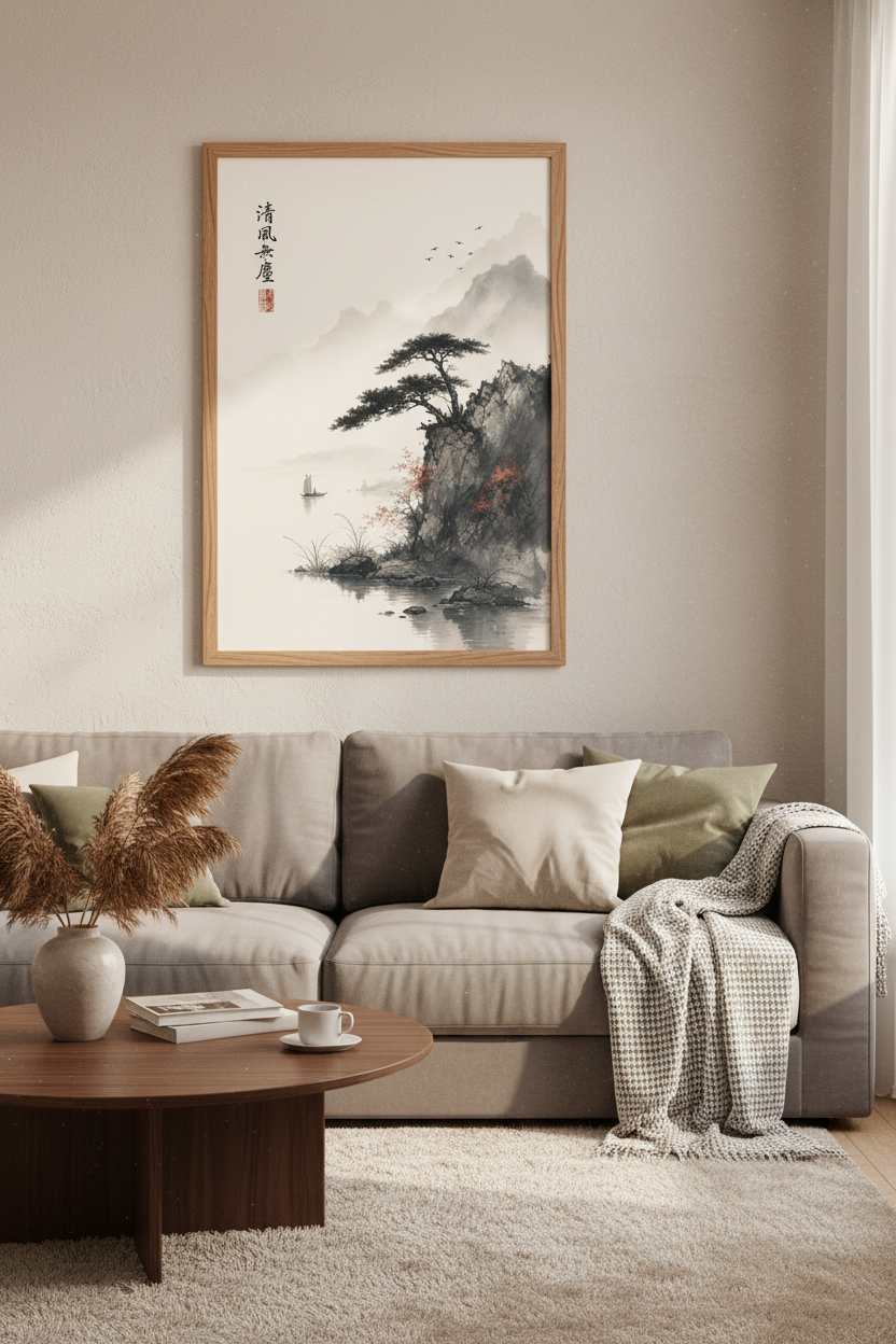 Japanese Landscape Wall Art | Sumi-e Ink Mountain Poster, Zen Home Decor