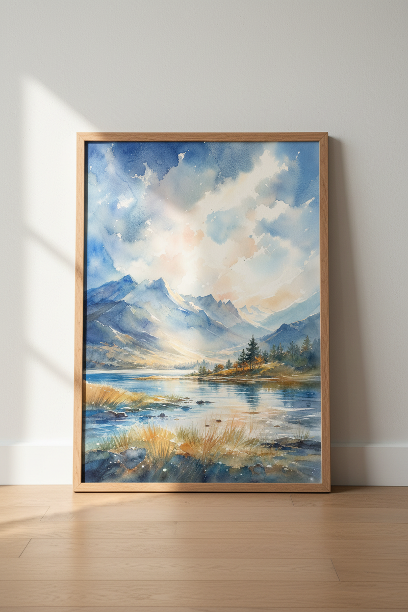 Mountain Landscape Watercolor Wall Art | Blue & Gold Nature Decor | Aesthetic Poster Print