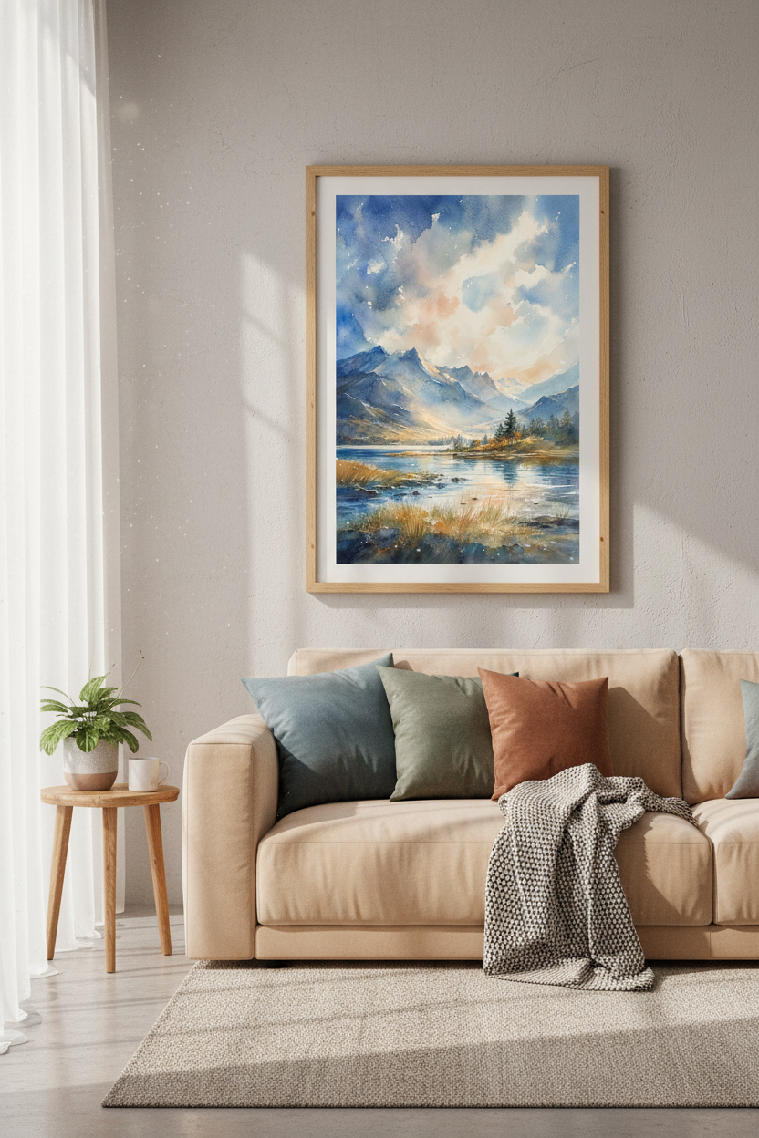 Mountain Landscape Watercolor Wall Art | Blue & Gold Nature Decor | Aesthetic Poster Print