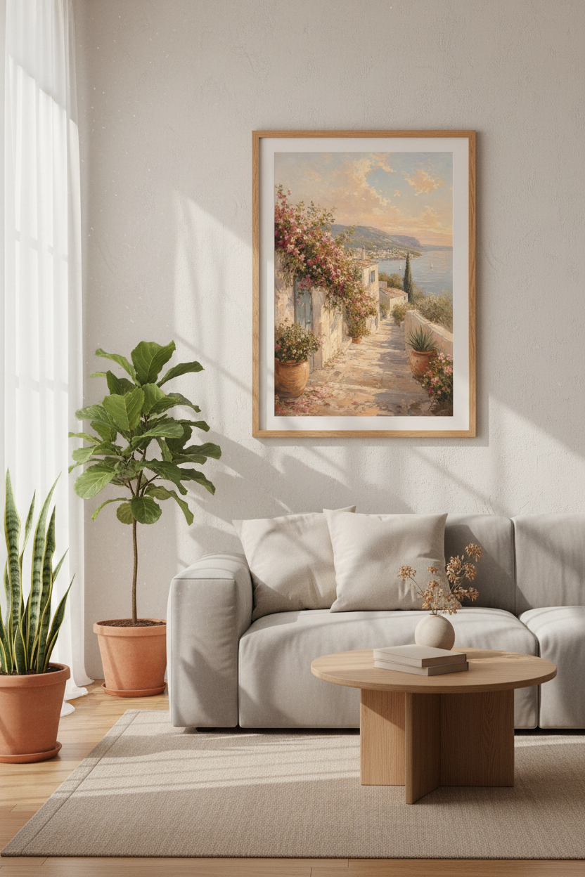Mediterranean Coastal Village Art | Sunlit Seascape Oil Style, Living Room Decor