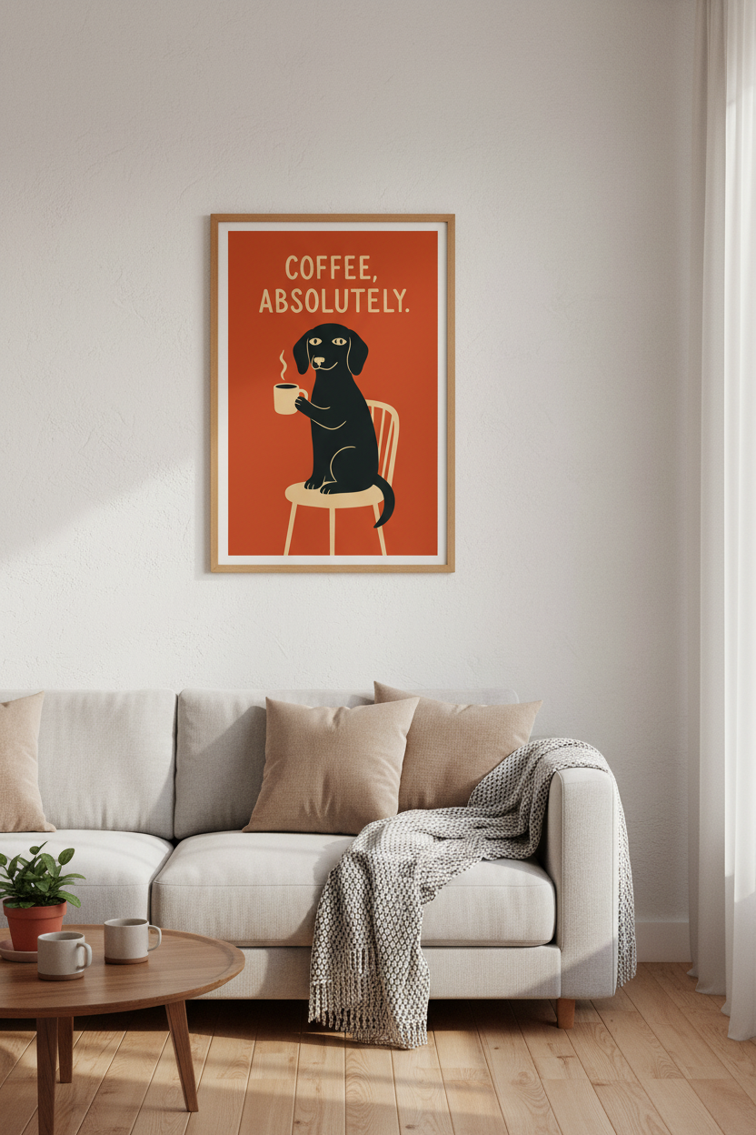 Coffee Dog Wall Art Print | Kitchen Coffee Decor | Retro Minimalist Poster
