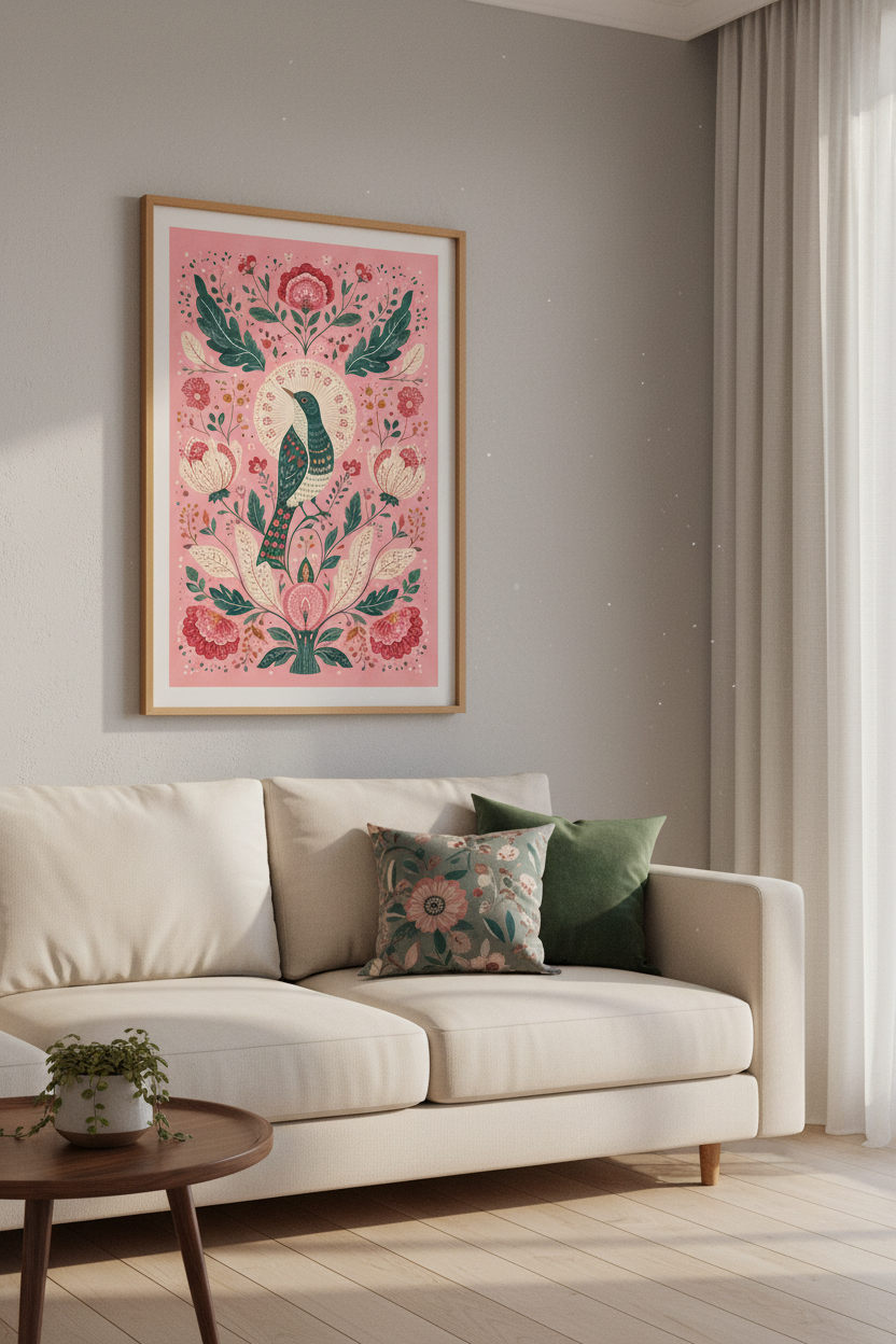Folk Art Bird Wall Art | Pink Floral Botanical Print, Boho Living Room Decor