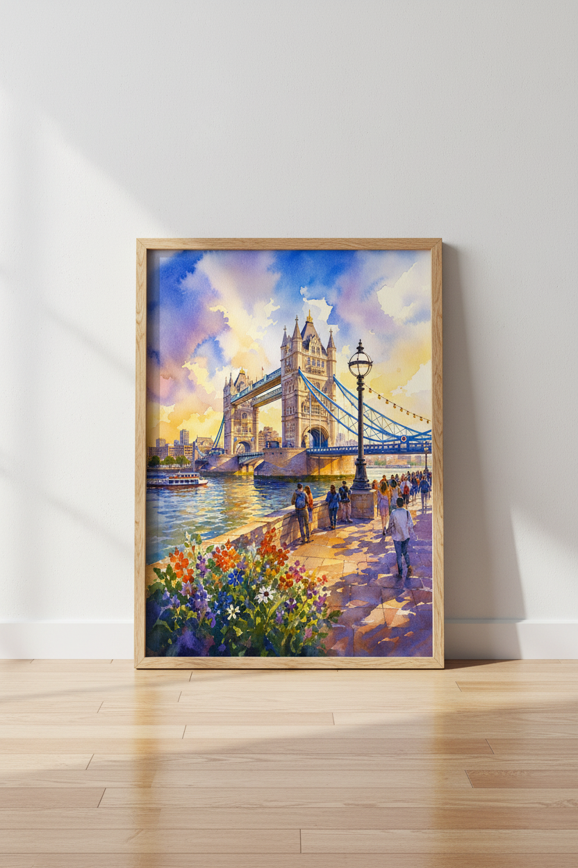 London Tower Bridge Art | Watercolor Sunset Poster, Cityscape Travel Decor
