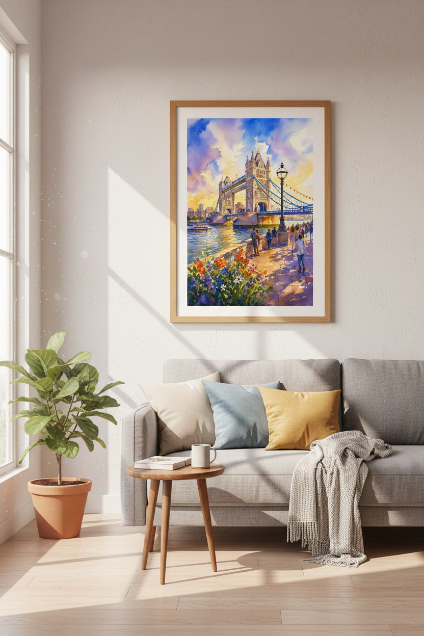 London Tower Bridge Art | Watercolor Sunset Poster, Cityscape Travel Decor