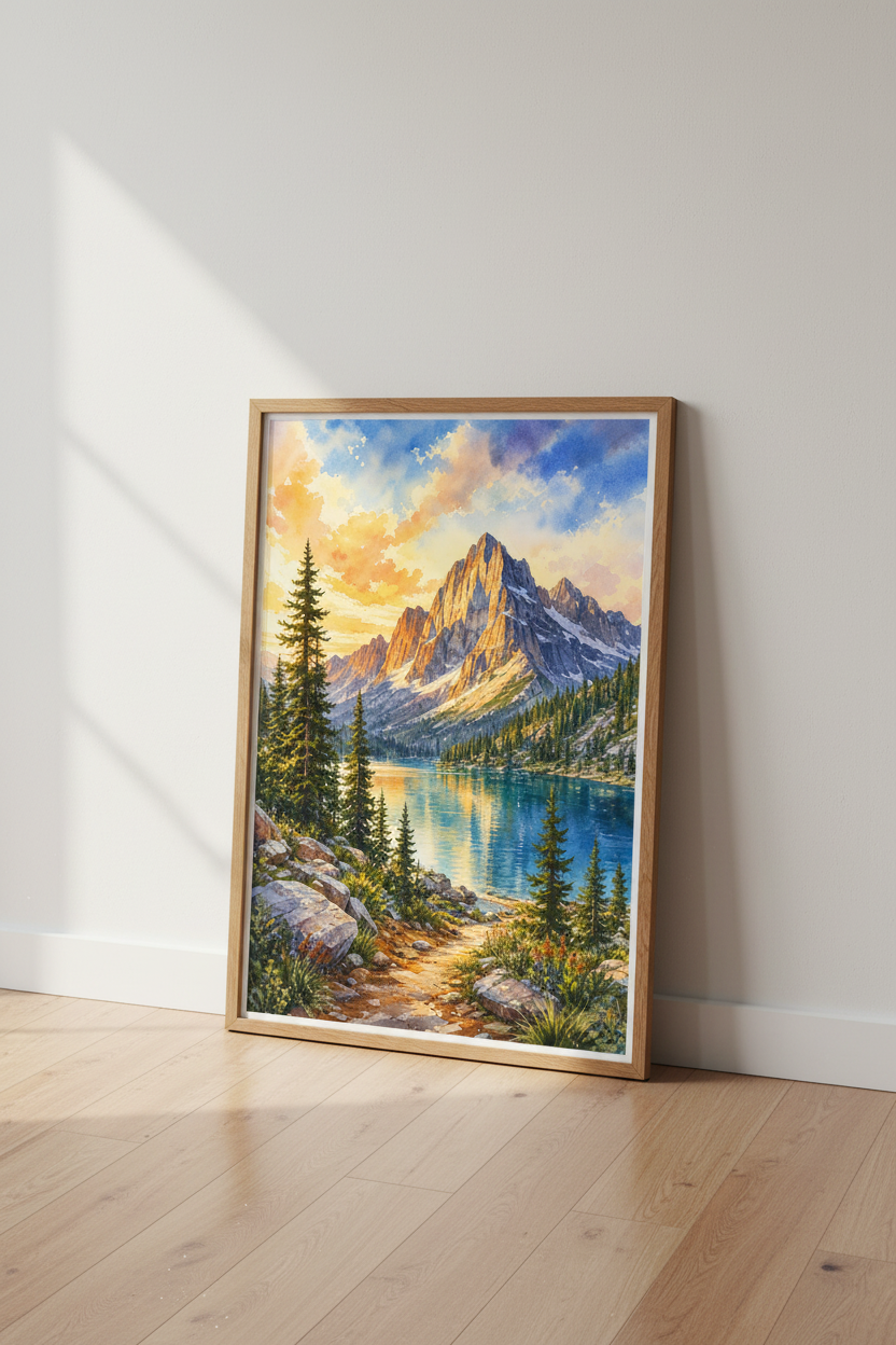 Mountain Landscape Watercolor Wall Art | Nature Lake Print, Living Room Decor