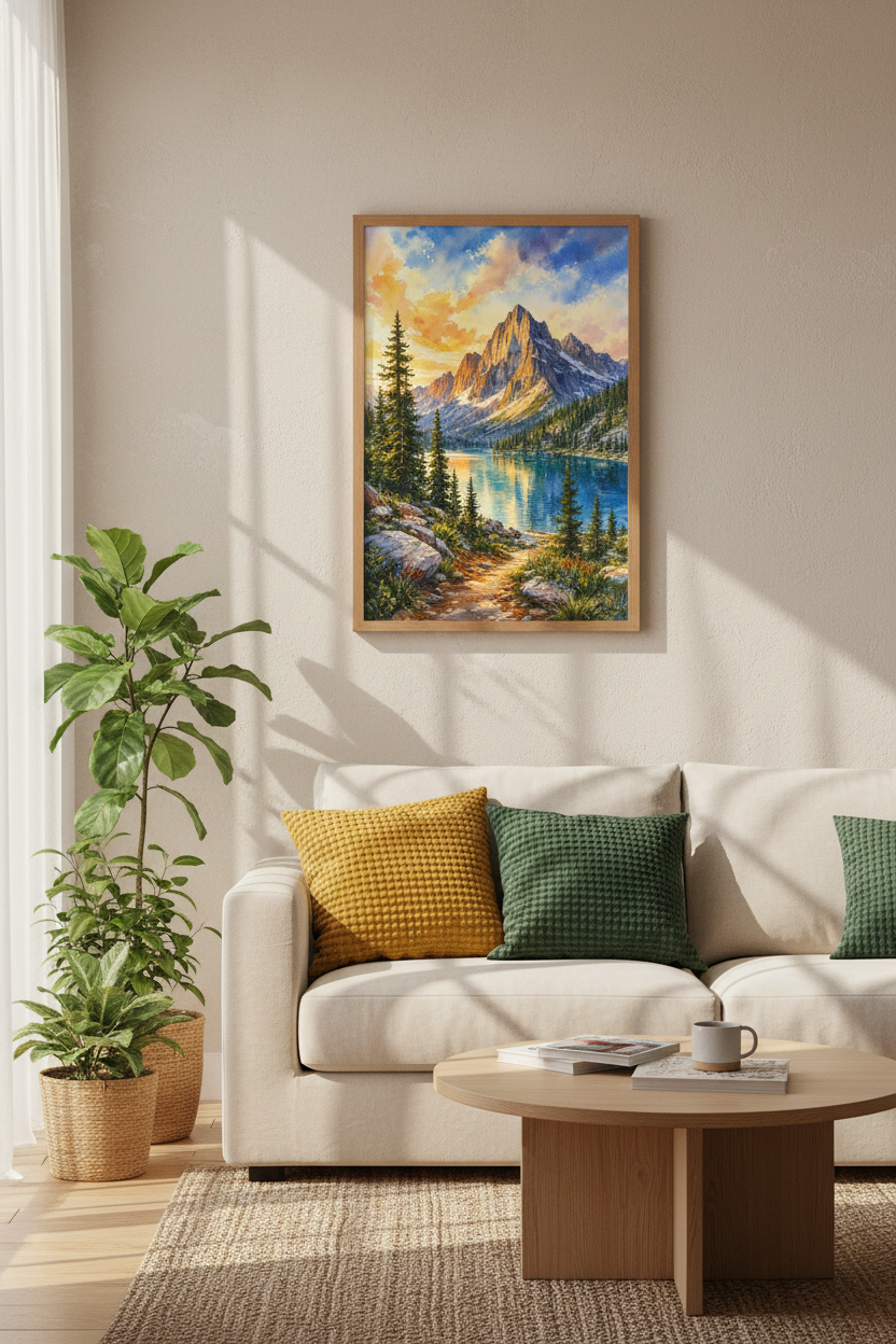 Mountain Landscape Watercolor Wall Art | Nature Lake Print, Living Room Decor