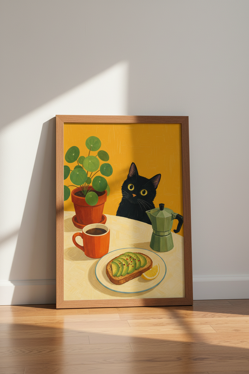 Black Cat Breakfast Wall Art Print | Kitchen Coffee Decor | Eclectic Cat Poster