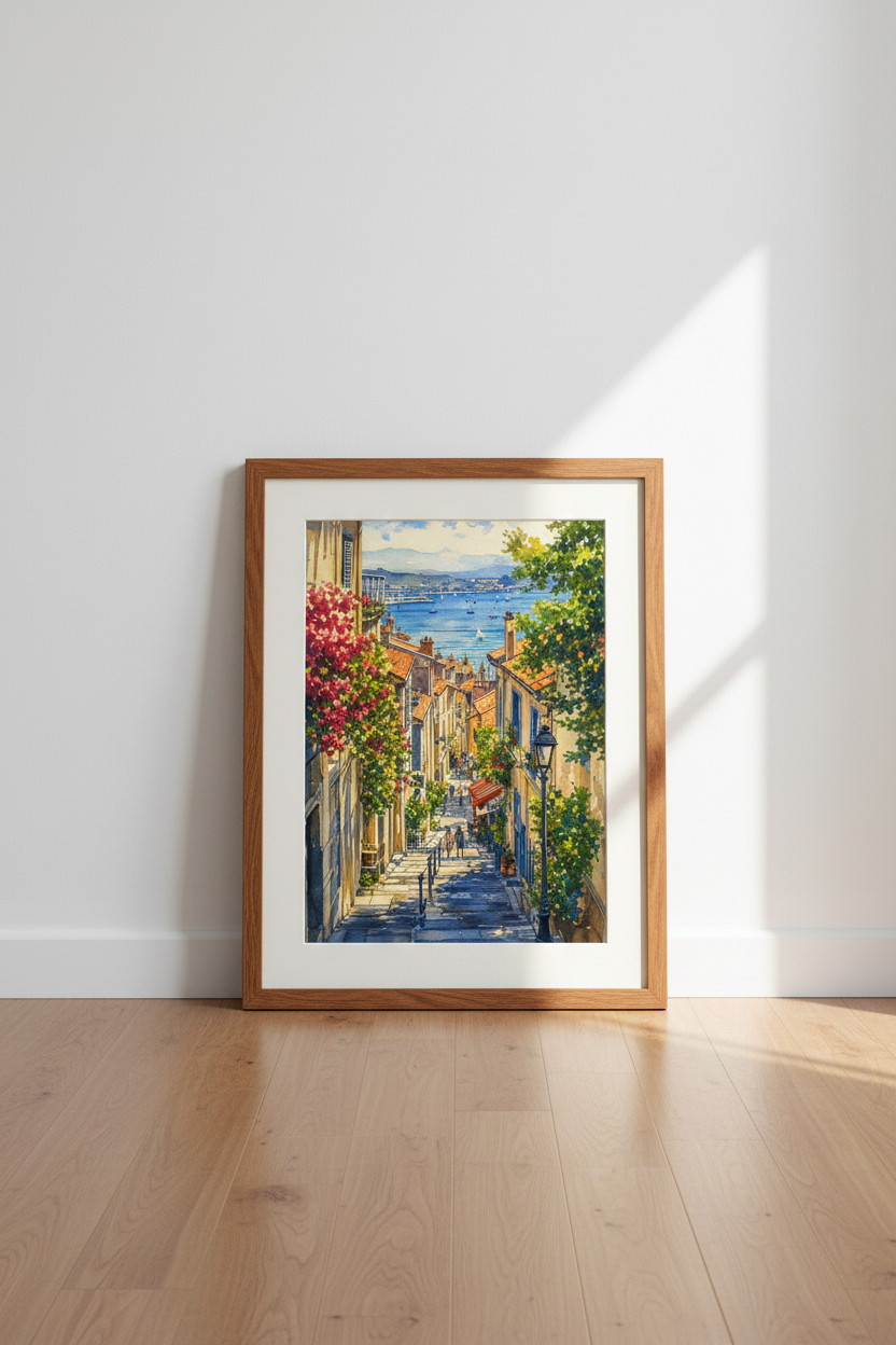 Mediterranean Coastal Town Watercolor | French Riviera Street Scene, Summer Wall Art Print