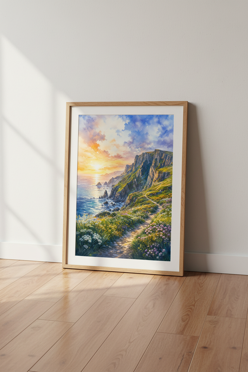 Coastal Cliff Sunset Watercolor Print | Ocean Landscape Wall Art, Beach House Decor