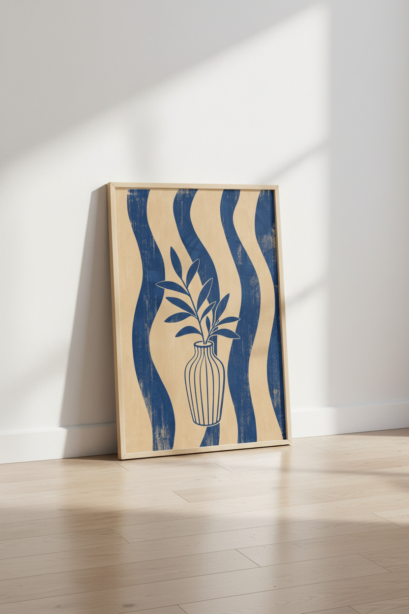 Navy Vase Botanical Wall Art | Wavy Abstract Blue & Beige Print, Living Room Decor